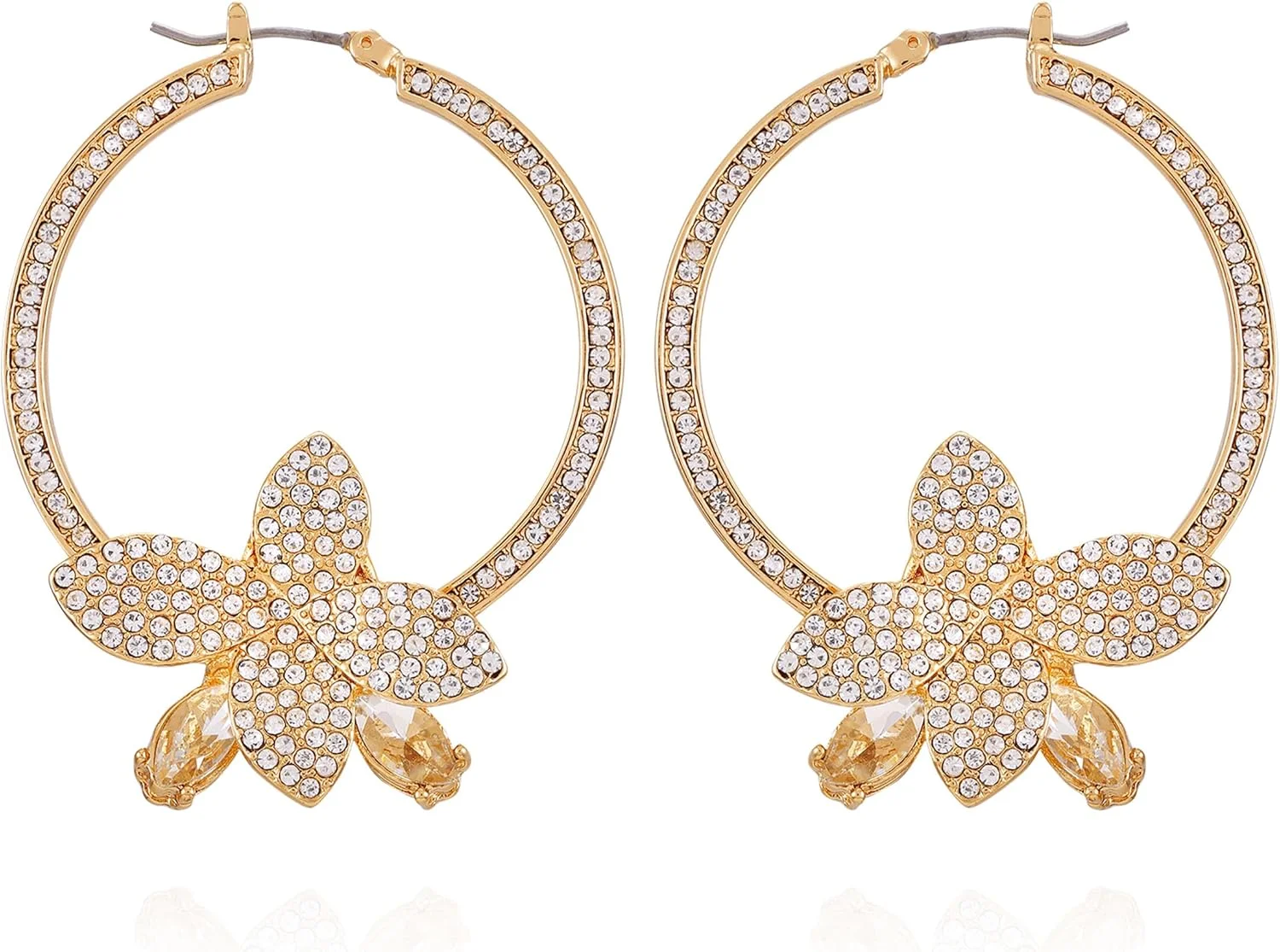 گوشواره های حلقه ای گلدار نگین دار طلایی گس، سایز تک، فلز، نگین شیشه ای