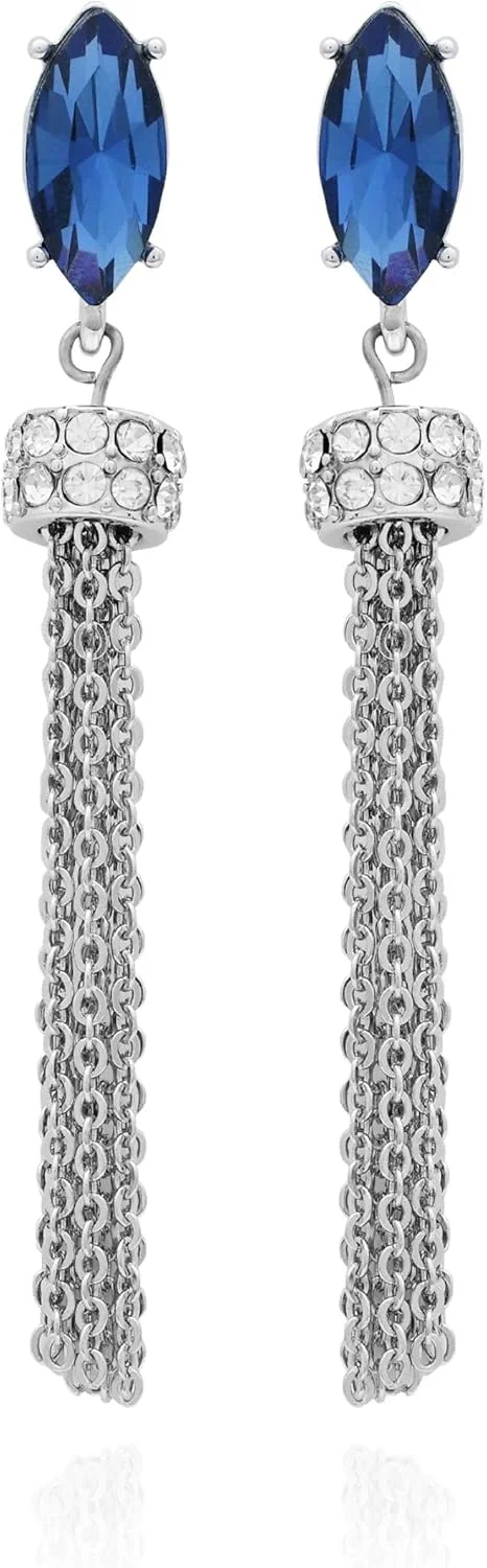 گوشواره های آویز بلند حاشیه دار خطی نگین آبی نقره ای گس