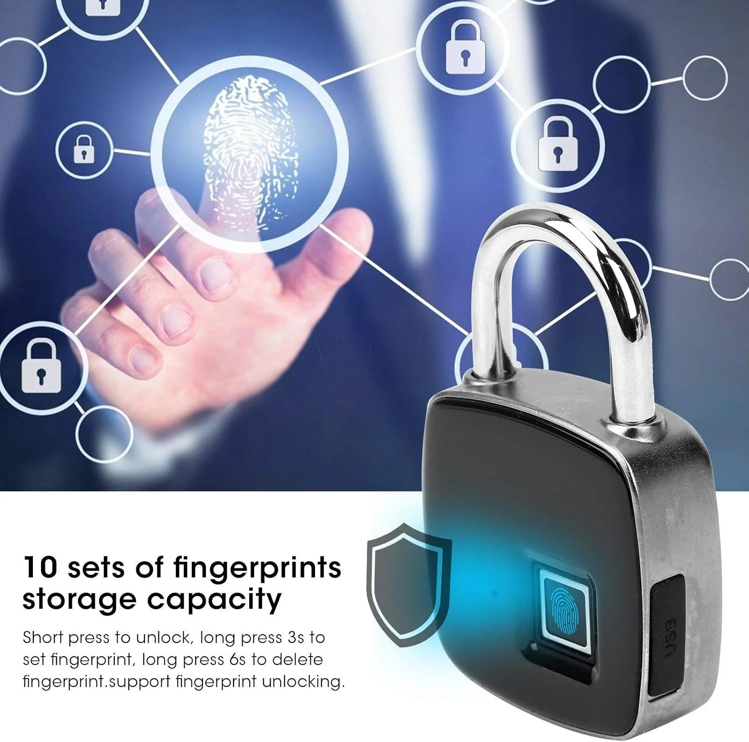 قفل ضد سرقت درب، قفل بیومتریک بدون کلید آلیاژ روی، قفل ضد سرقت IP65 ضد آب، با چراغ نشانگر USB قابل شارژ اندازه جمع و جور، حمل آسان