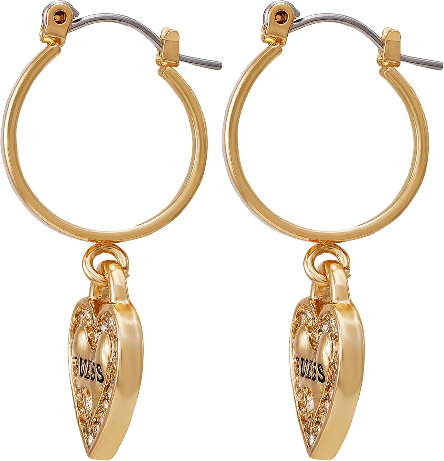 گوشواره های حلقه ای آویز قلب با لوگوی طلایی GUESS، تک سایز، فلز غیر قیمتی، بدون سنگ قیمتی گوشواره های حلقه ای آویز قلب با لوگوی طلایی GUESS، تک سایز، فلز غیر قیمتی، بدون سنگ قیمتی