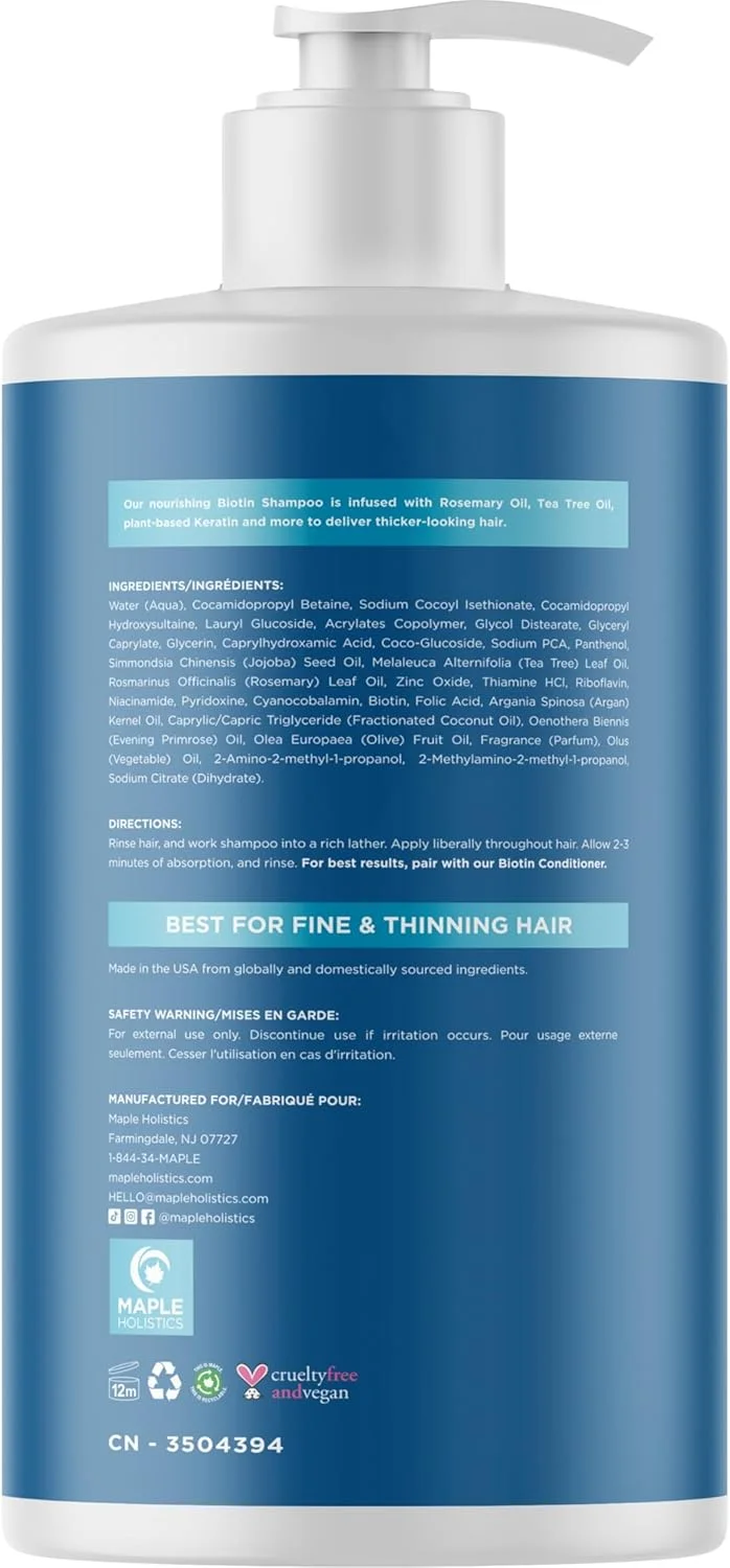 شامپو بیوتین حجم دهنده برای موهای نازک - شامپو موهای نازک حاوی رزماری، آرگان و روغن های ضروری برای مراقبت از مو - شامپو وگان بدون سولفات برای موهای خشک آسیب دیده، بدون پارابن و بدون تست حیوانی