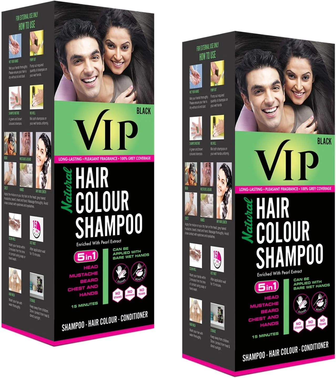 شامپو رنگ مو وی آی پی رنگ موی دائمی برای آقایان و بانوان، مشکی - 180 میلی لیتر (بسته 2 عددی) | رنگ مو بر پایه شامپو | بدون آمونیاک | رنگ موی سنتی