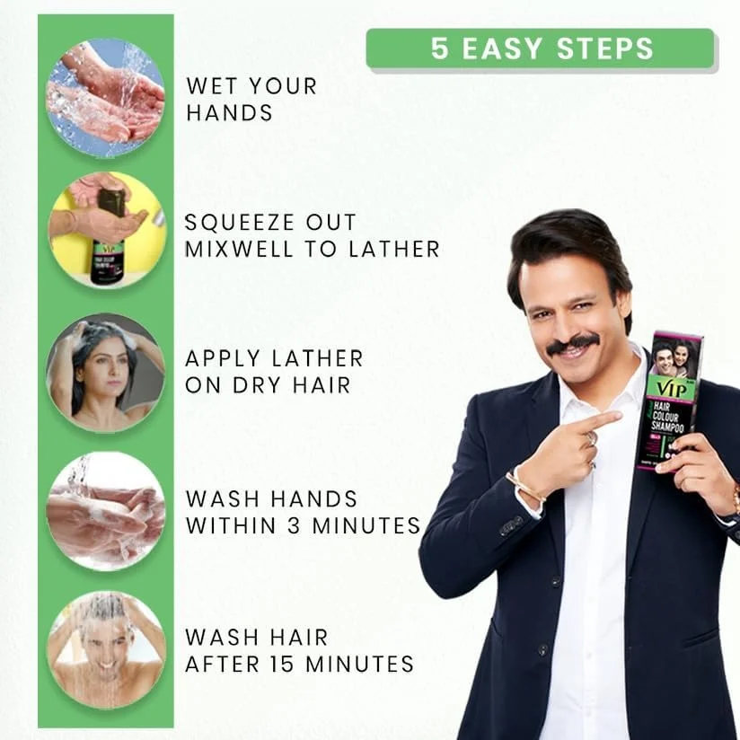 شامپو رنگ مو وی آی پی رنگ موی دائمی برای آقایان و بانوان، مشکی - 180 میلی لیتر (بسته 2 عددی) | رنگ مو بر پایه شامپو | بدون آمونیاک | رنگ موی سنتی