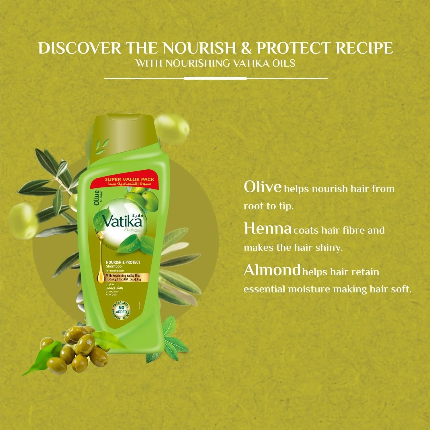شامپو تقویت کننده و محافظت کننده موهای معمولی واتیکا نچرالز | طبیعی و گیاهی | غنی شده با روغن زیتون و حنا | مناسب موهای معمولی - 600 + 100 میلی لیتر رایگان