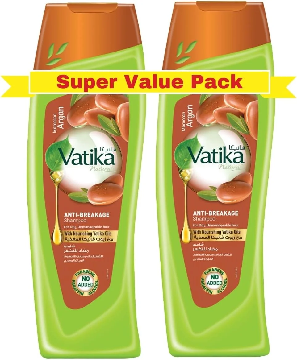 شامپو آرگان مراکشی Vatika Naturals ضد شکنندگی 2x400 میلی لیتر | برای موهای خشک و غیرقابل کنترل | حاوی روغن های مغذی Vatika | بسته فوق العاده 2 عددی