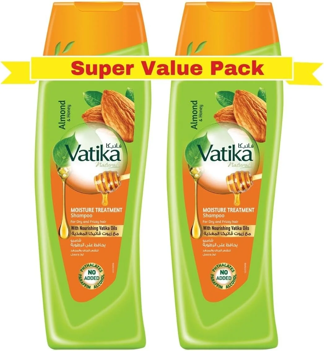 شامپو درمان کننده رطوبت مو واتیکا نچرالز - 2 عدد 400 میلی لیتر | غنی شده با عصاره بادام و عسل | برای موهای خشک، وز و زبر | حاوی روغن های مغذی واتیکا | بسته فوق العاده 2 عددی
