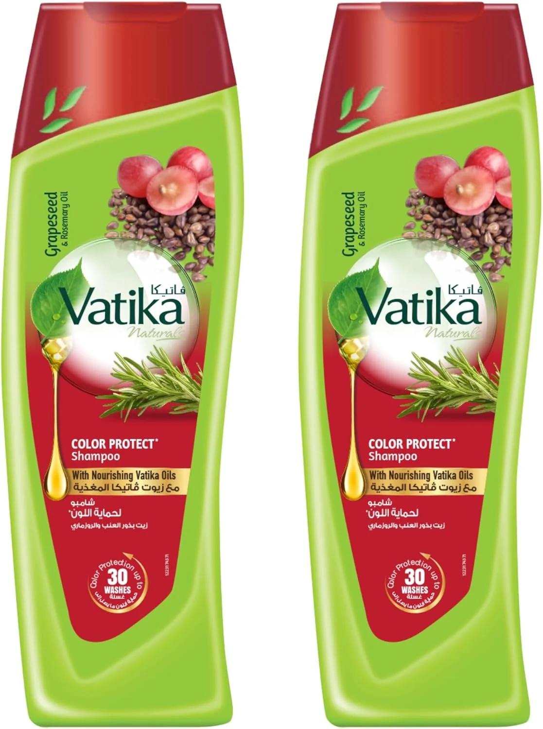 شامپو محافظ رنگ مو آبرسان Vatika Naturals 2x400ml | درخشش و ماندگاری رنگ مو تا 30 بار شستشو | حاوی روغن هسته انگور و رزماری | مناسب موهای رنگ شده | بسته اقتصادی