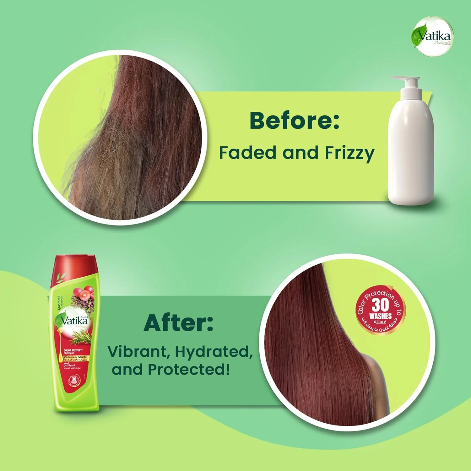 شامپو محافظ رنگ مو آبرسان Vatika Naturals 2x400ml | درخشش و ماندگاری رنگ مو تا 30 بار شستشو | حاوی روغن هسته انگور و رزماری | مناسب موهای رنگ شده | بسته اقتصادی