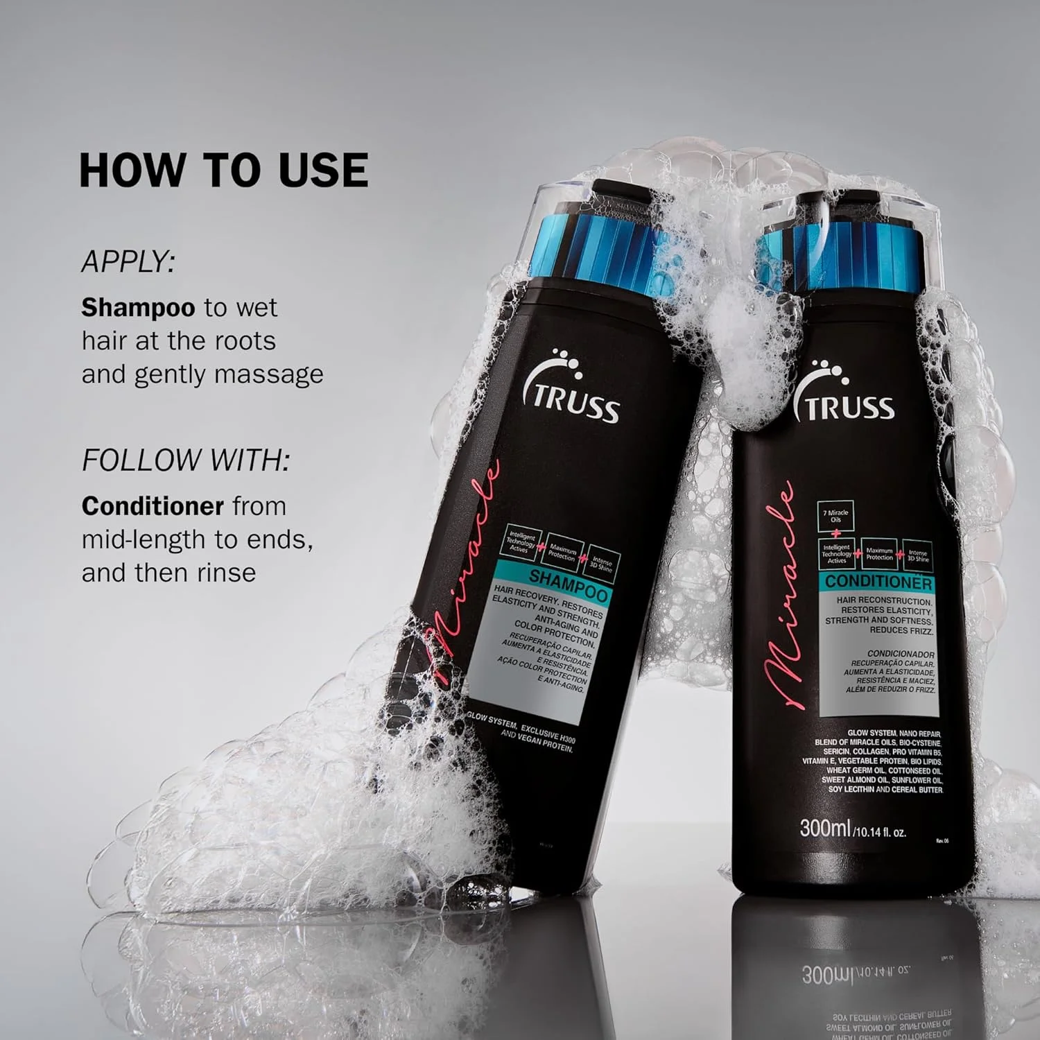 شامپو معجزه گر تروس | ترکیب پروتئین و روغن برای موهای آسیب دیده | بازسازی، درخشش و نرمی مو | محافظت از اشعه ماوراء بنفش و رنگ مو | ضد وز و حفظ رطوبت | شامپو روزانه برای انواع مو | 300 میلی لیتر