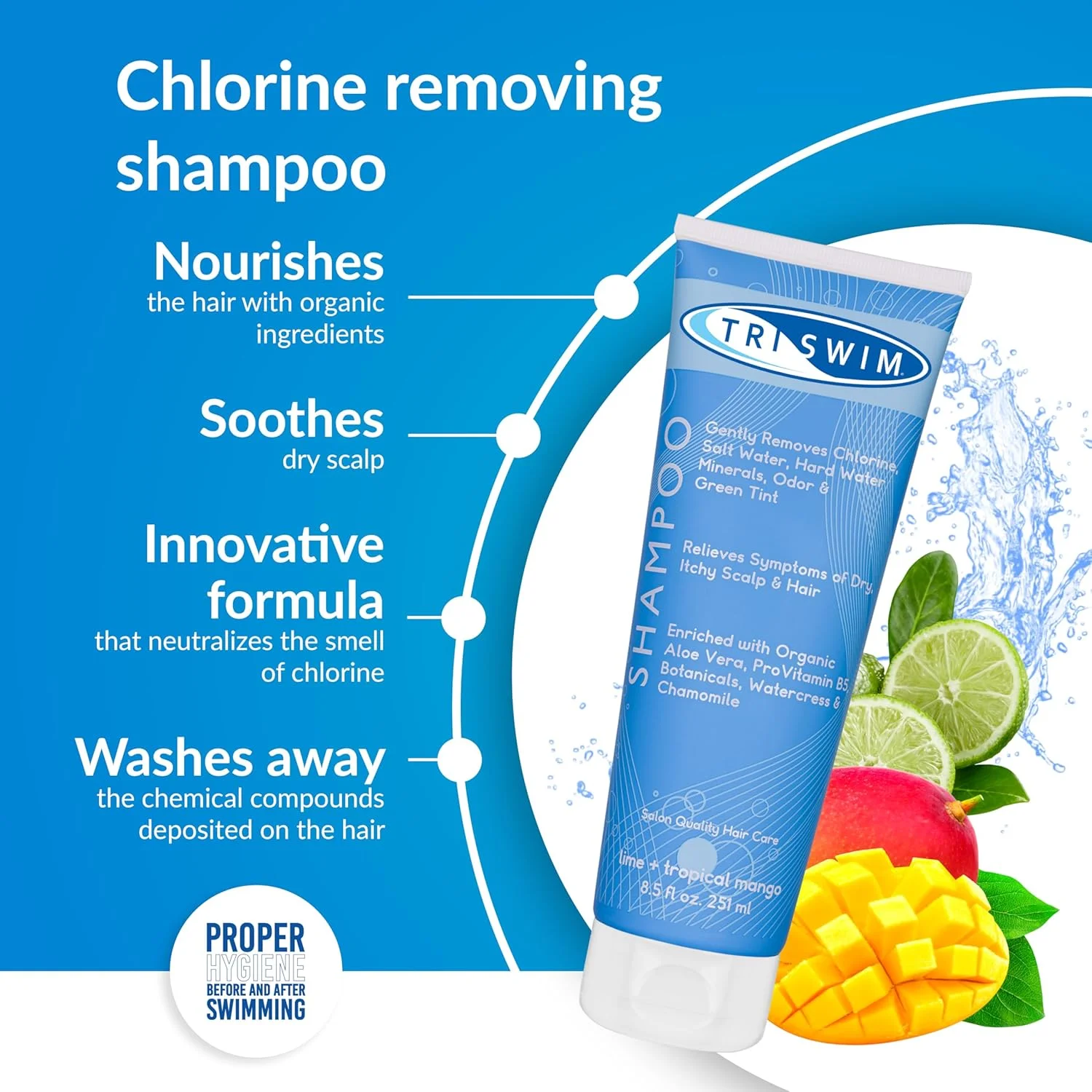 شامپو حذف کلر TRISWIM | مراقبت بعد از شنا | شامپو وگان ضد کلر مرطوب کننده برای شناگران | از بین برنده رنگ سبز | لیمو و انبه (251 میلی لیتر)