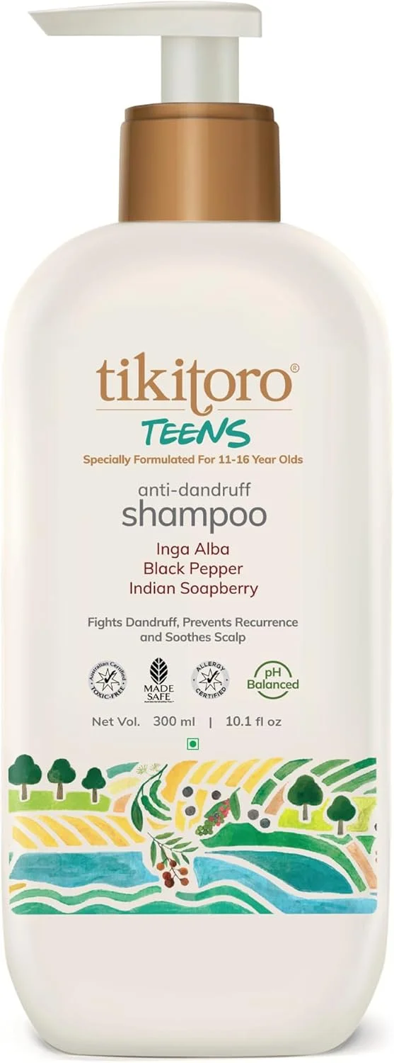 شامپو ضد شوره سر نوجوانان تیکیتورو، 100% گیاهی با آلوئه ورا، پروویتامین B5، هیبیسکوس، پروتئین برنج، پاک کننده پوست سر، نرم کننده مو، بدون پارابن و سولفات (300 میلی لیتر x 1)