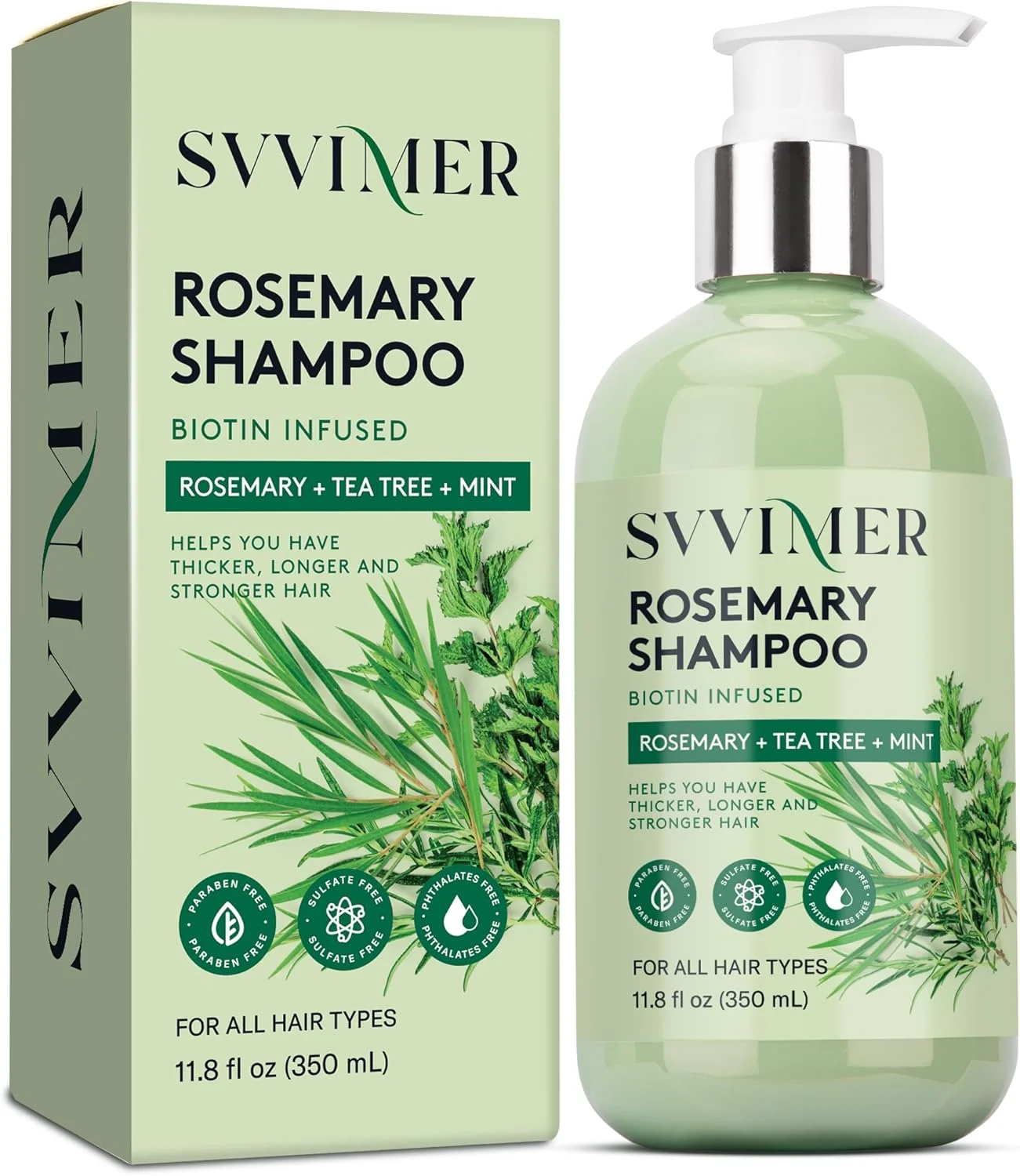 شامپو تقویت کننده و رشد مو رزماری Svvimer: فرمول ضخیم کننده و رشد مجدد برای آقایان و بانوان - شامپو تقویت کننده رزماری نعناع با روغن درخت چای و بیوتین - برای موهای نازک و ریزش مو 350 میلی لیتر