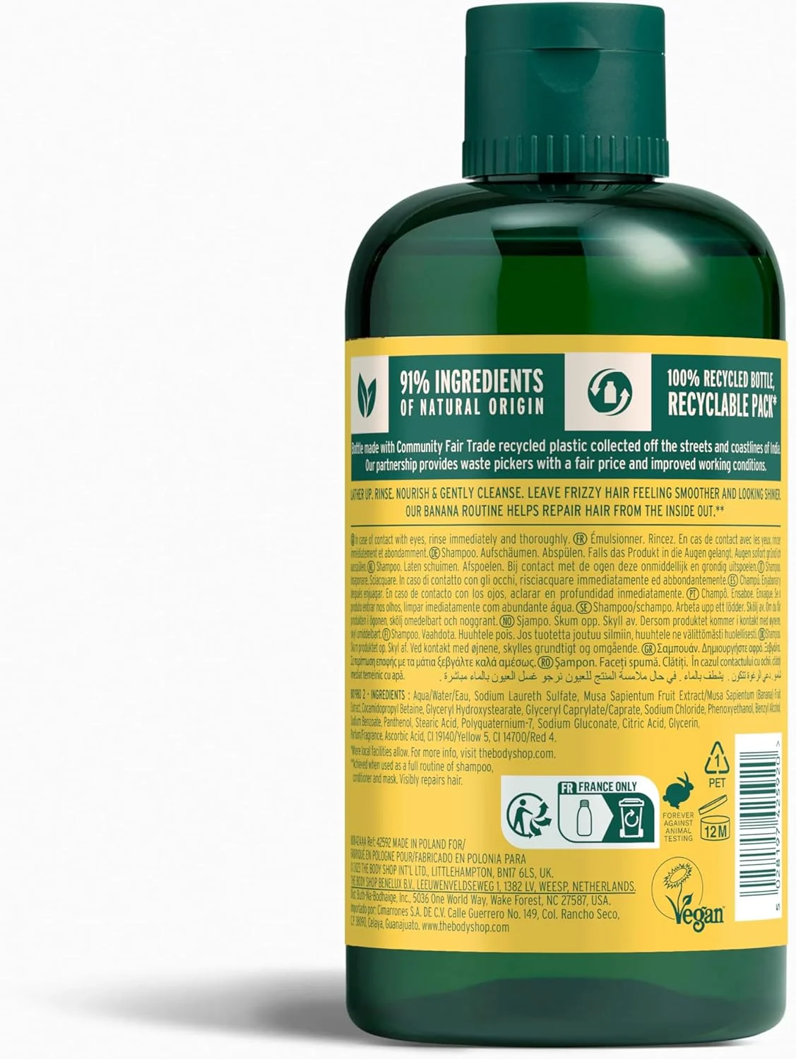 شامپو مغذی موی سر با رایحه موز بادی شاپ (250 میلی لیتر)، شامپو وگان برای موهای خشک حاوی موز ارگانیک، صاف کننده وز و تغذیه کننده از ریشه تا نوک، شامپو موز بادی شاپ برای داشتن موهایی سالم تر