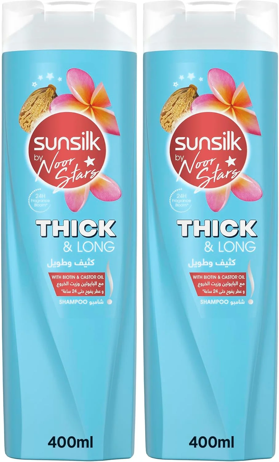 شامپو سانسیلک نور استارز برای موهای ضخیم و بلند، ضخیم و بلند، حاوی بیوتین مغذی و روغن کرچک، 400 میلی لیتر، بسته دوتایی