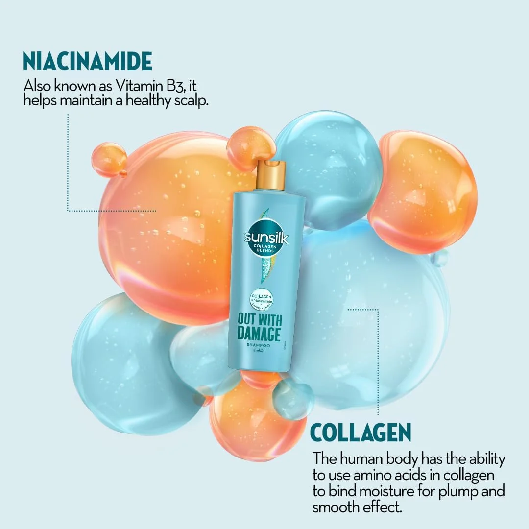 شامپو سانسیلک Collagen Blends، برای موهای آسیب دیده، خداحافظی با آسیب، غنی شده با کلاژن + نیاسینامید، 350 میلی لیتر