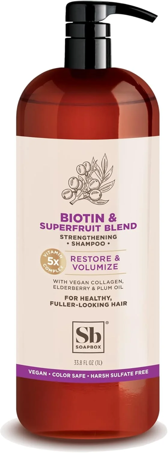 شامپو بیوتین Soapbox، شامپو میوه ای بیوتین و کلاژن برای موهای نازک، ظریف و کم پشت | حجم دهنده و ترمیم کننده برای تقویت رشد، استحکام و پرپشتی مو، بطری پمپی 1 لیتری
