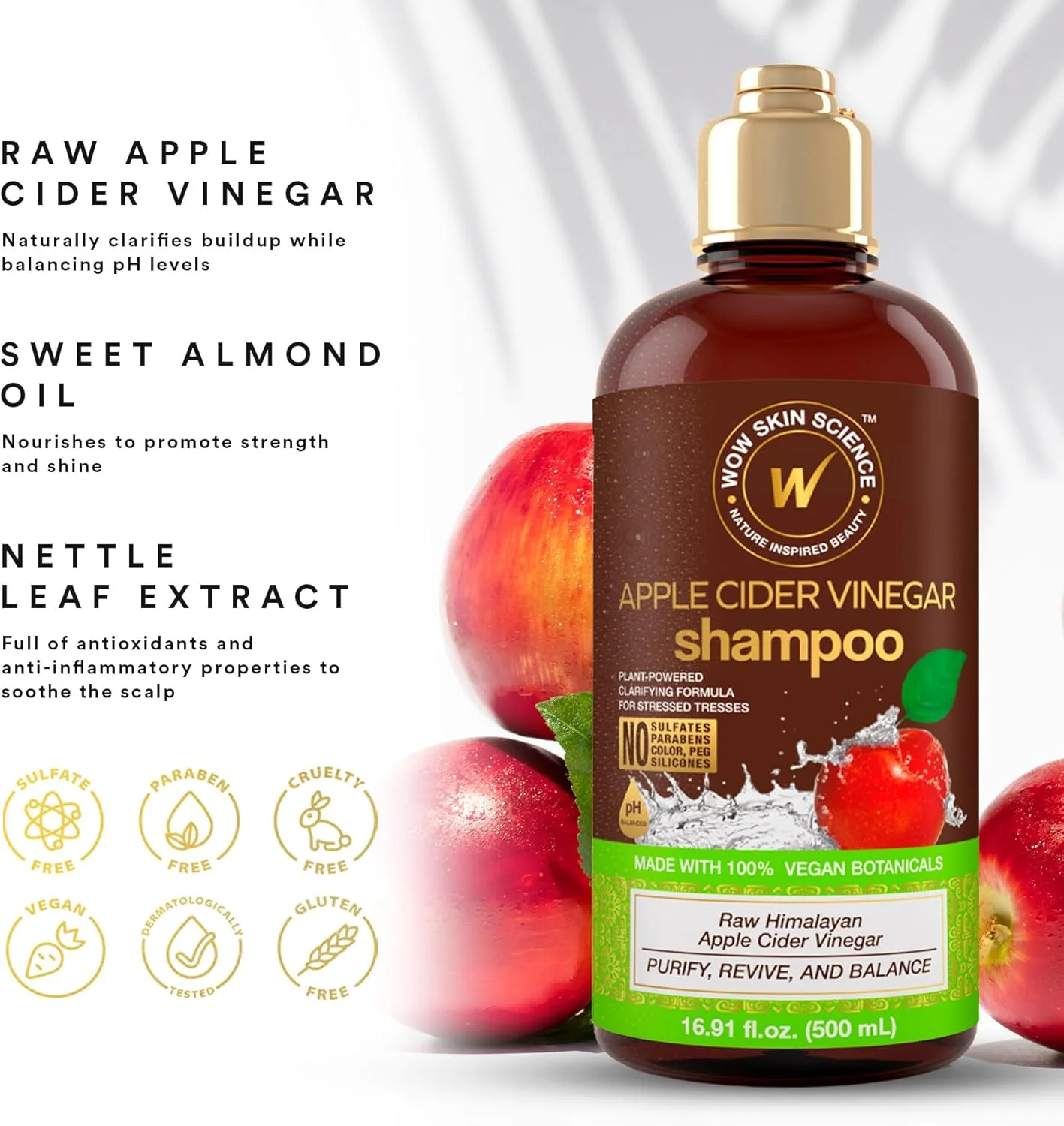 شامپو سرکه سیب واو اسکین ساینس - شامپو رشد مو برای موهای نازک، ریزش مو و شوره سر - شامپو بدون پارابن و سولفات - شامپو شفاف کننده برای پاکسازی مو