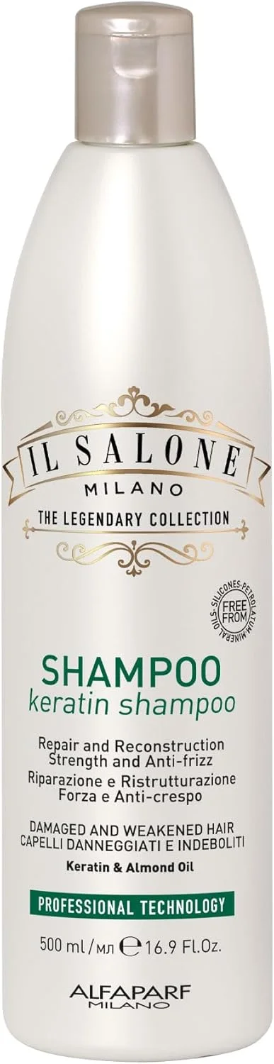 شامپو کراتین حرفه ای Il Salone Milano برای موهای آسیب دیده - شامپو پاک کننده + درمان موهای خشک - ساخته شده با روغن بادام و ویتامین E - مراقبت از مو با کیفیت سالن (500 میلی لیتر)