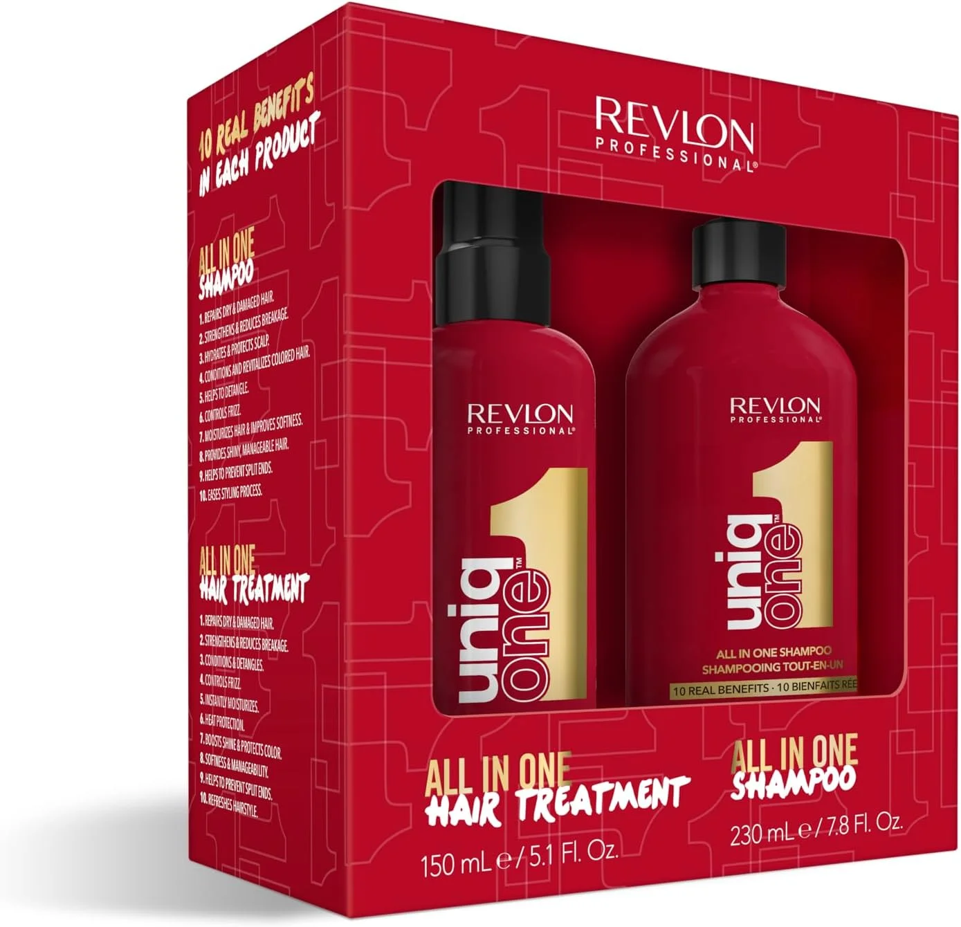 مجموعه مراقبت مو رولون پروفشنال UniqOne: درمان مو کلاسیک، 150 میلی لیتر، درمان مو بدون نیاز به آبکشی، اسپری ضد وز با محافظت در برابر حرارت و شامپو، 230 میلی لیتر، برای موهای ابریشمی، براق و شانه آسان، وگان