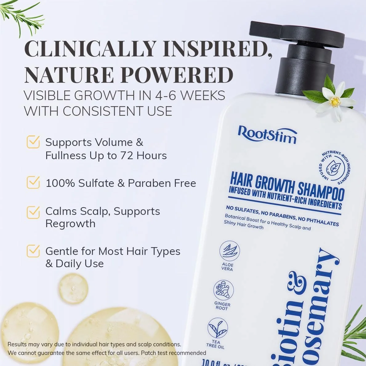 شامپو تقویت کننده مو رزماری و بیوتین RootStim: ضد ریزش و نازک شدن مو، غنی شده با مواد مغذی طبیعی، بدون سولفات، حجم 295 میلی لیتر