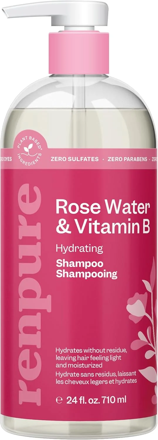 شامپو آبرسان گل رز رنپور بر پایه گیاهی برای موهای خشک - شامپو بدون سولفات، بدون پارابن، بدون تست حیوانی و ایمن برای رنگ مو - شامپو آب گل رز مرطوب کننده و طراوت بخش طبیعی برای زنان