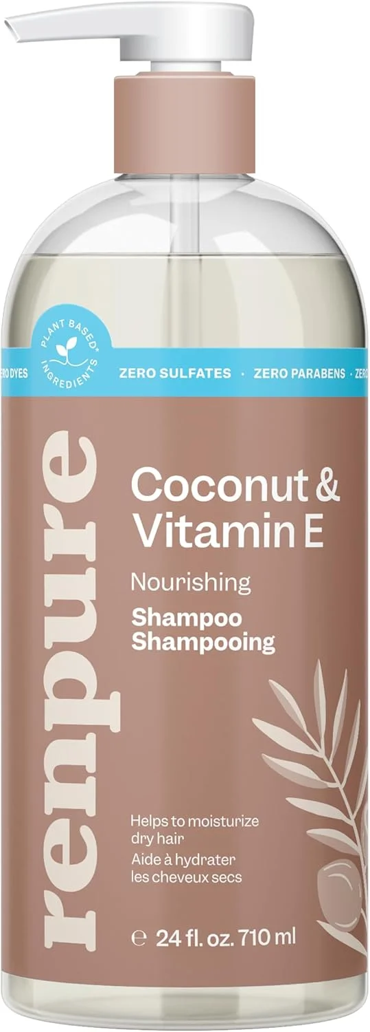شامپو نارگیل و ویتامین E رنپور بر پایه گیاهی - مرطوب کننده و احیا کننده - ایده آل برای موهای بی جان - موها را ابریشمی و صاف می کند - آلودگی ها را از بین می برد - طراحی بطری پمپی قابل بازیافت - 710 میلی لیتر