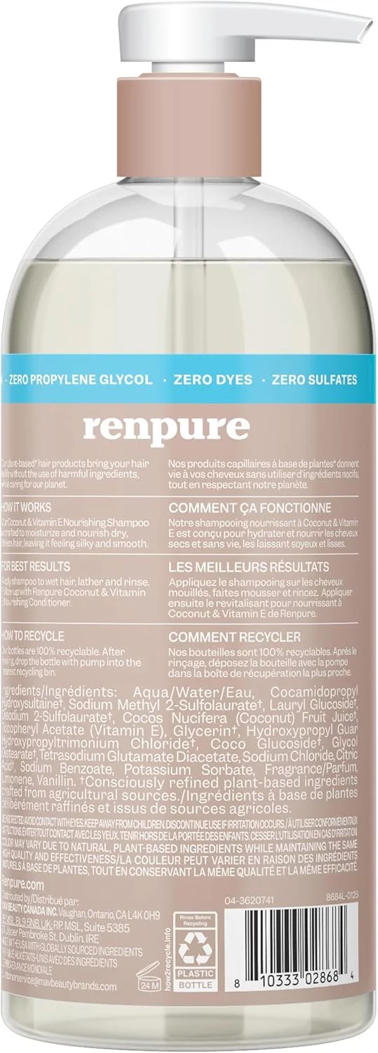 شامپو نارگیل و ویتامین E رنپور بر پایه گیاهی - مرطوب کننده و احیا کننده - ایده آل برای موهای بی جان - موها را ابریشمی و صاف می کند - آلودگی ها را از بین می برد - طراحی بطری پمپی قابل بازیافت - 710 میلی لیتر
