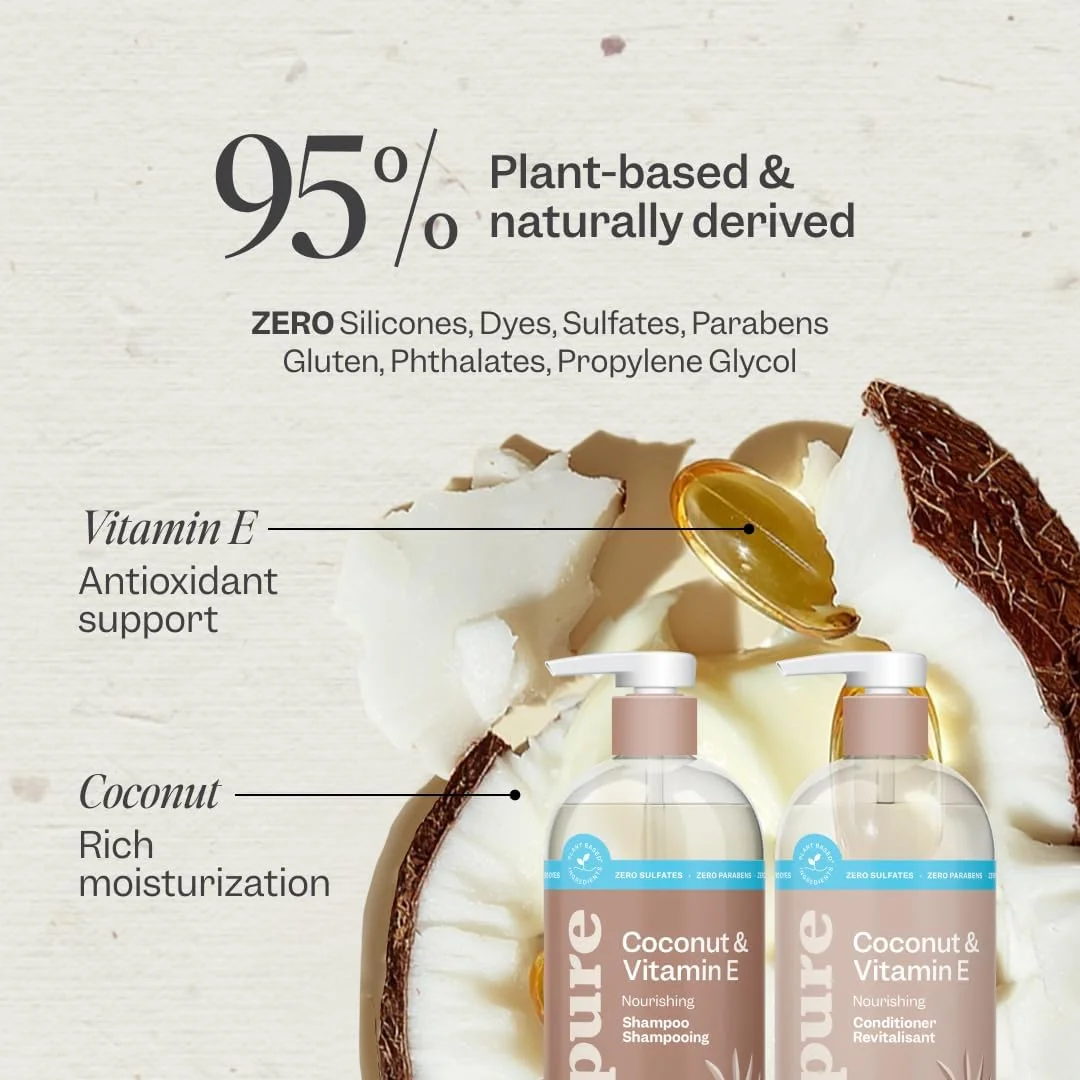 شامپو نارگیل و ویتامین E رنپور بر پایه گیاهی - مرطوب کننده و احیا کننده - ایده آل برای موهای بی جان - موها را ابریشمی و صاف می کند - آلودگی ها را از بین می برد - طراحی بطری پمپی قابل بازیافت - 710 میلی لیتر