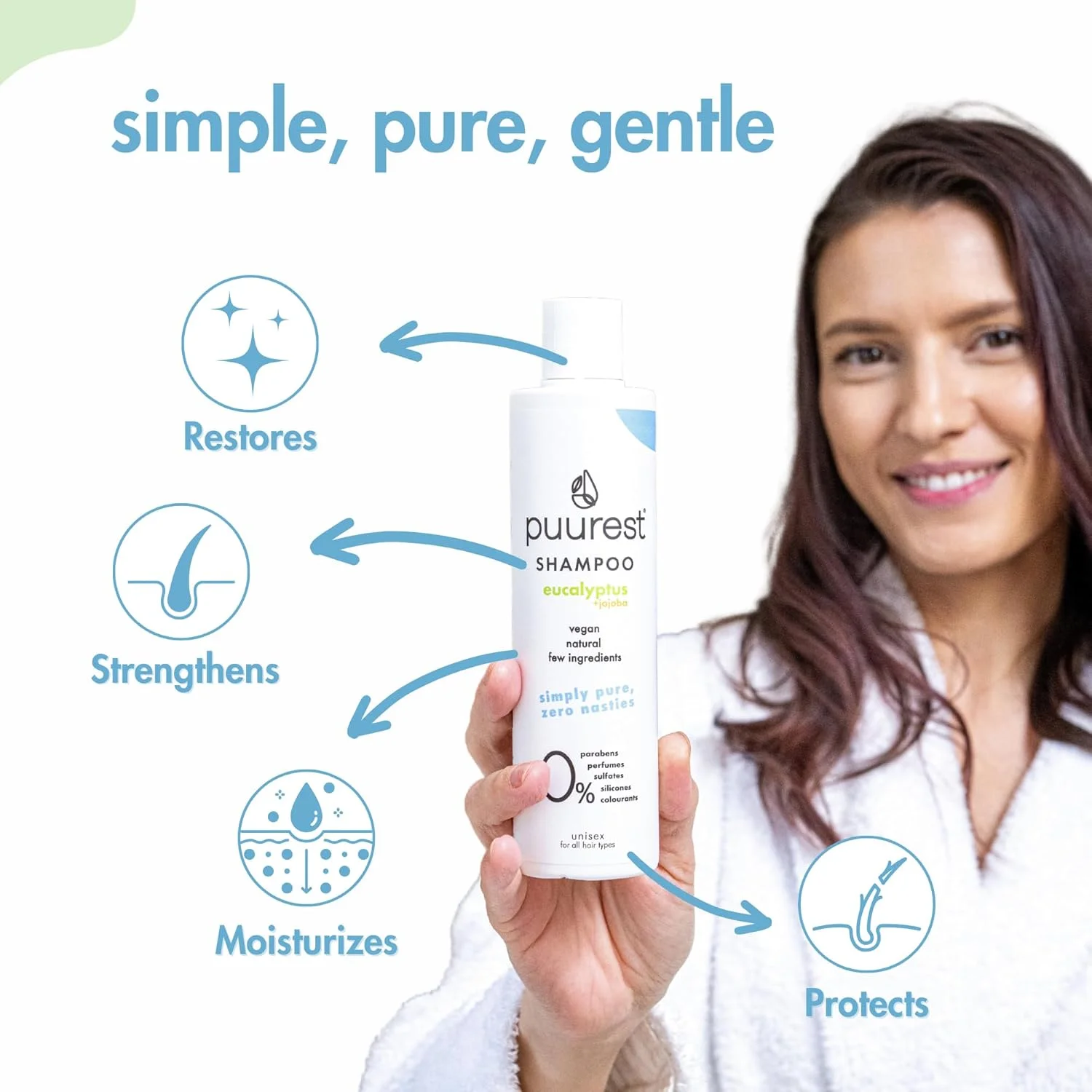 شامپو پیورست بدون سولفات، پارابن و سیلیکون، بدون الکل، بدون نمک، طبیعی و وگان، بدون سولفات، بدون عطر، با روغن اکالیپتوس و روغن جوجوبا، 250 میلی لیتر