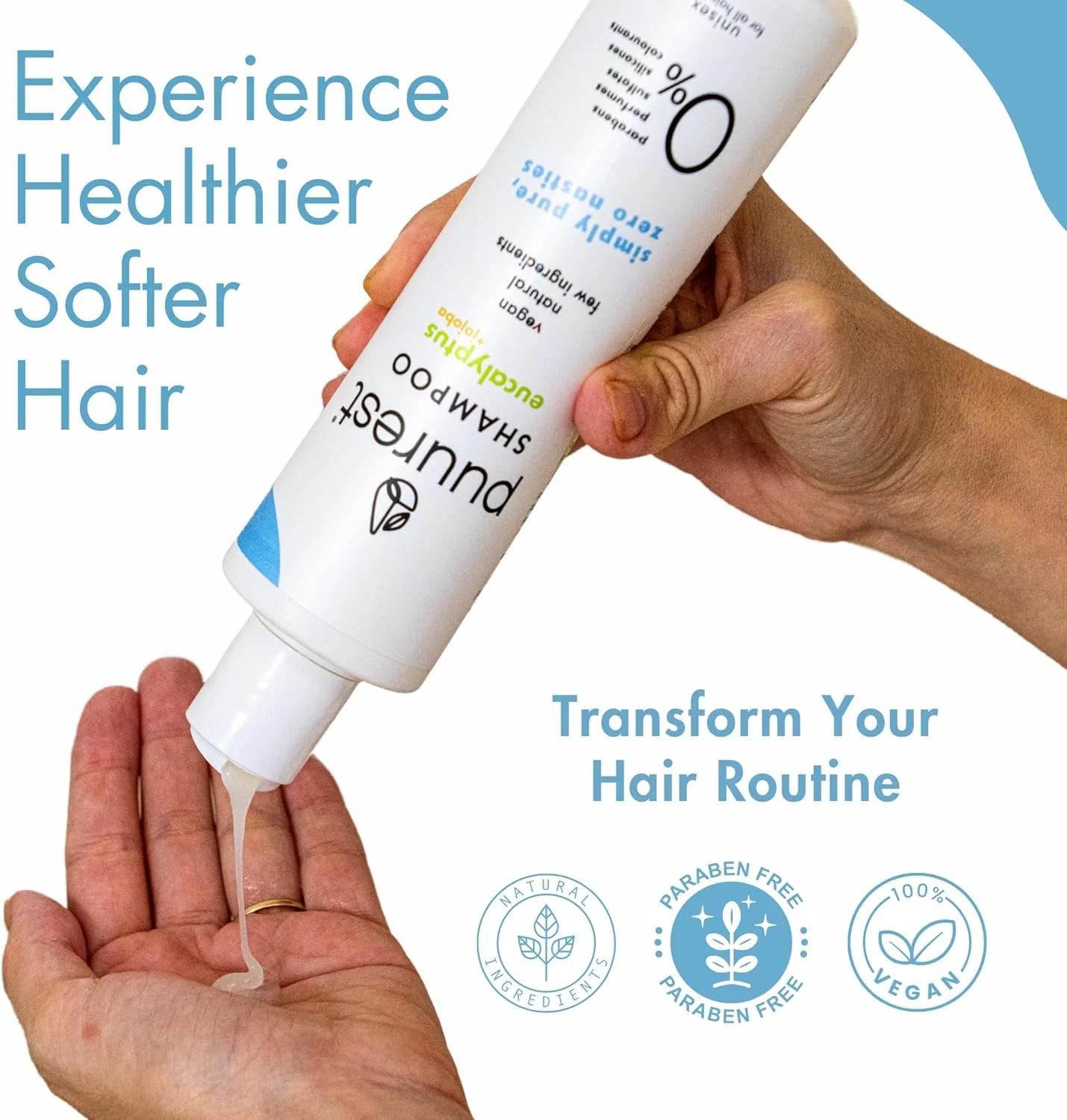 شامپو پیورست بدون سولفات، پارابن و سیلیکون، بدون الکل، بدون نمک، طبیعی و وگان، بدون سولفات، بدون عطر، با روغن اکالیپتوس و روغن جوجوبا، 250 میلی لیتر