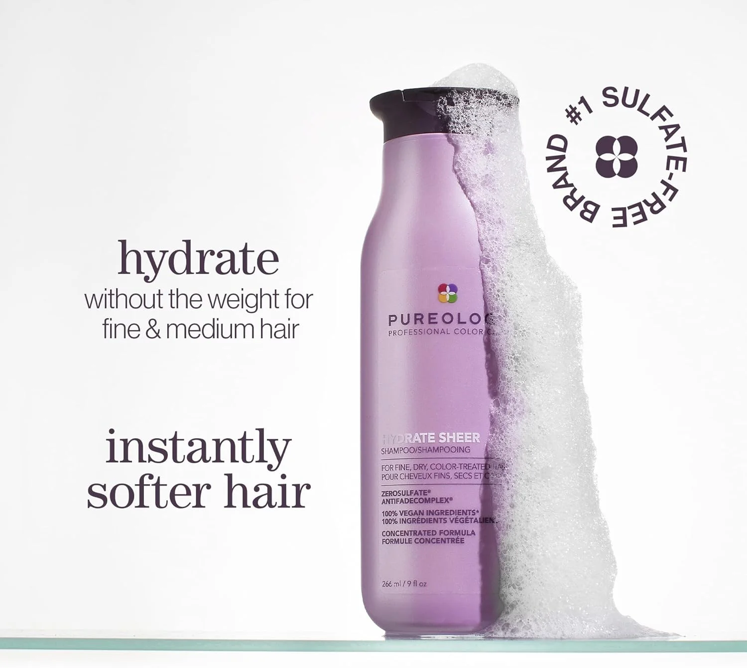 شامپو مغذی و سبک Pureology Hydrate Sheer | مناسب موهای نازک، خشک و رنگ شده | بدون سولفات | بدون سیلیکون | وگان
