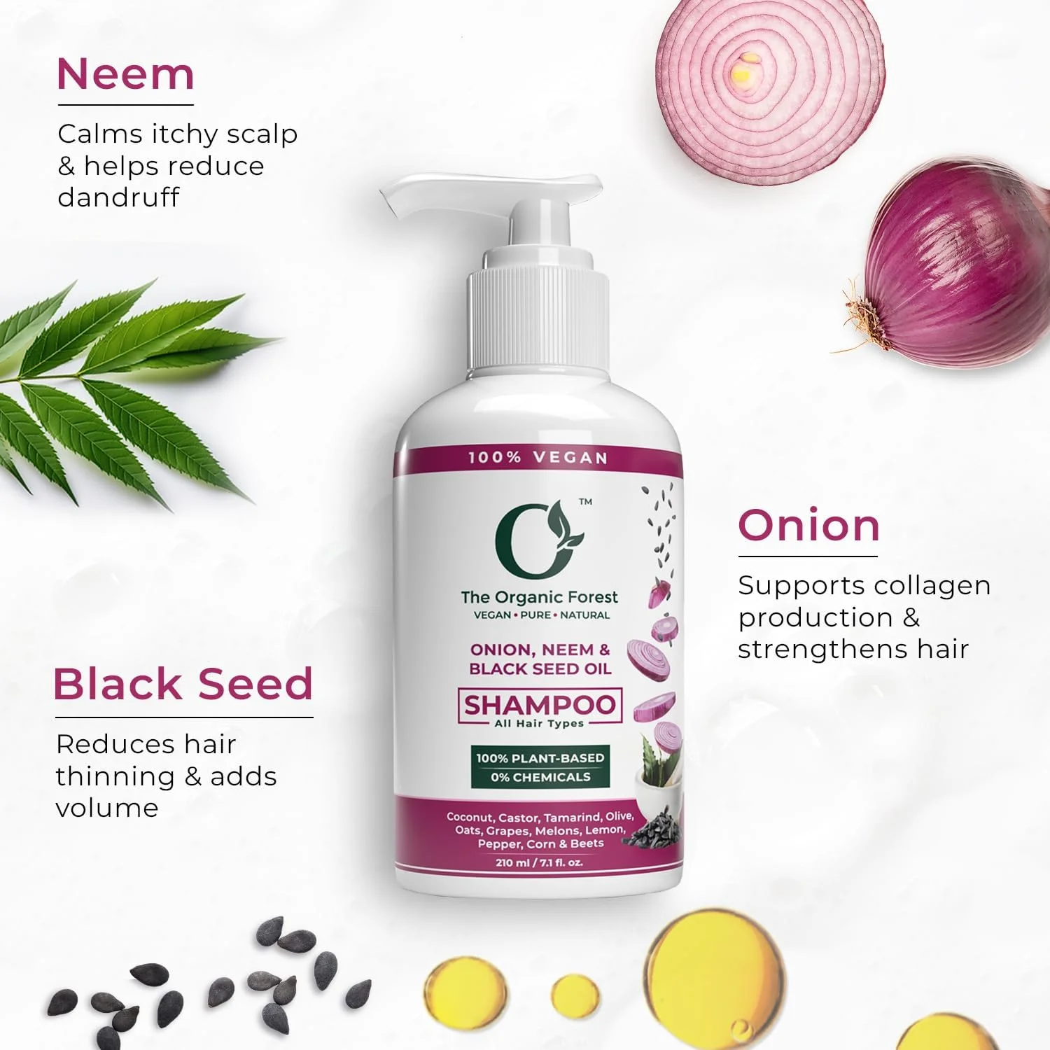 شامپو روغن پیاز، چریش و دانه سیاه 100% گیاهی - شامپو طبیعی بدون SLS و سولفات برای کنترل شوره سر و ریزش مو | مناسب برای انواع مو