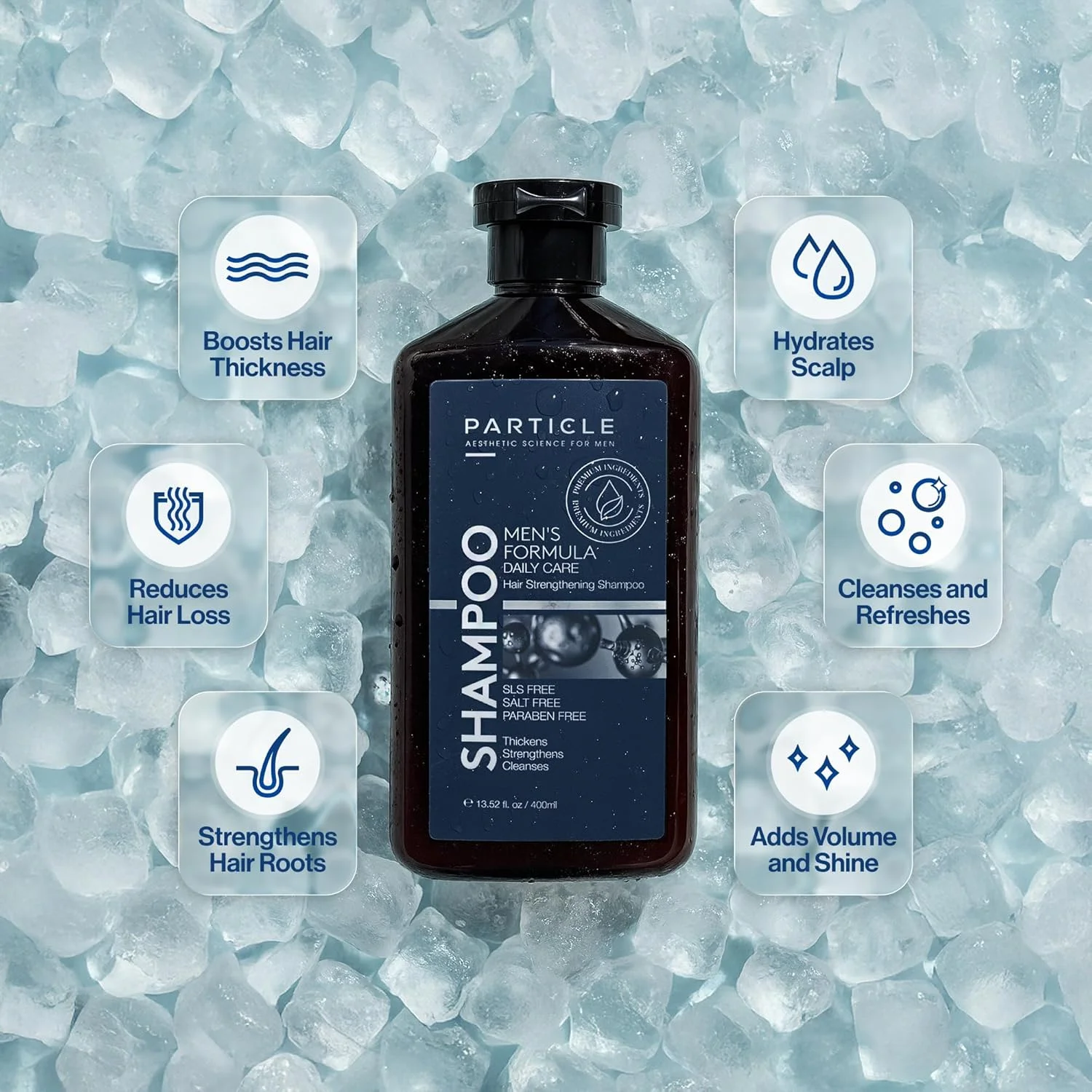 شامپو ضخیم کننده مو Particle برای آقایان، شامپو مردانه، فرمول پاک کننده ساخته شده با بیوتین، کاپیکسیل، رِدِنسیل، جینسینگ و عصاره چای سبز برای تقویت مو، بدون پارابن، 400 میلی لیتر
