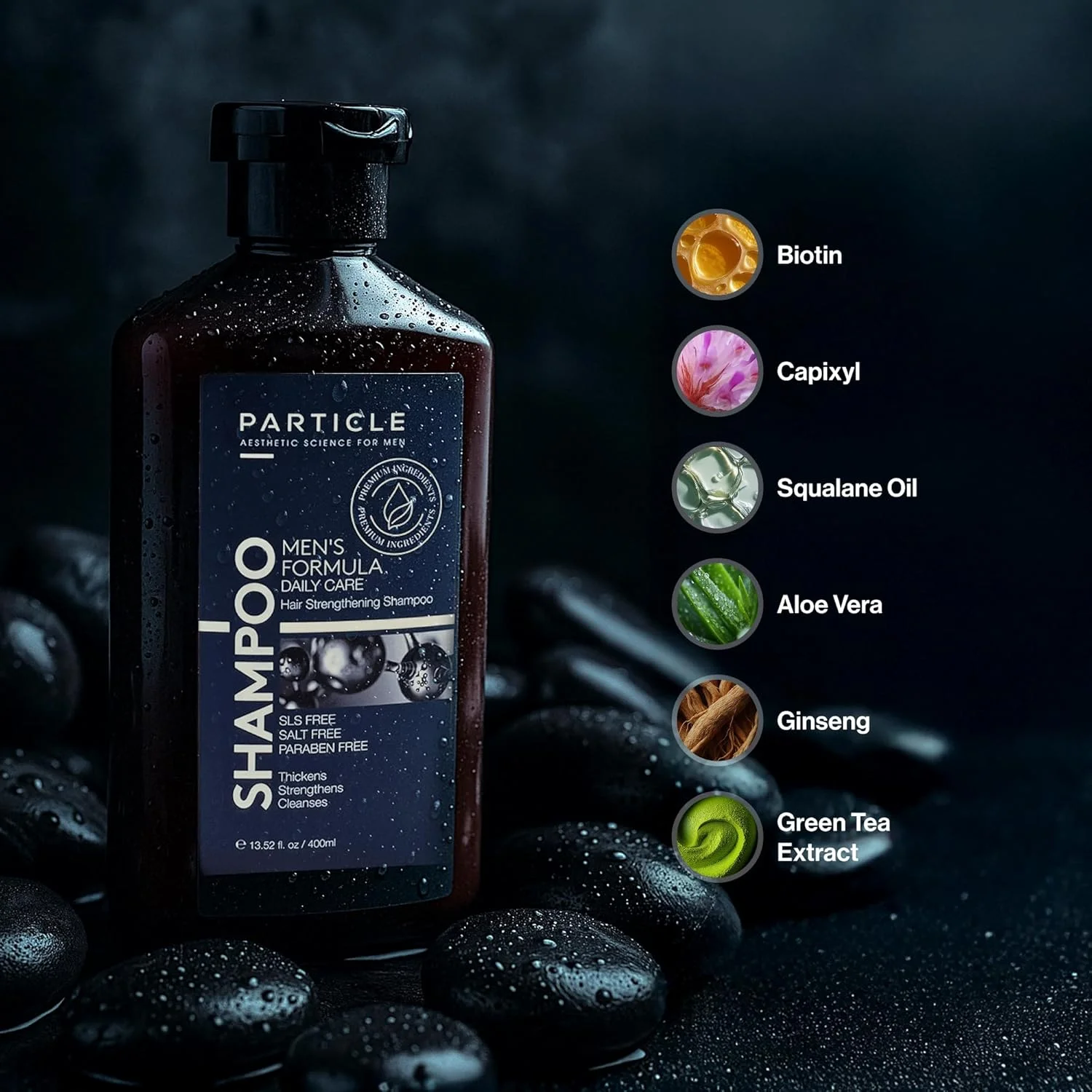 شامپو ضخیم کننده مو Particle برای آقایان، شامپو مردانه، فرمول پاک کننده ساخته شده با بیوتین، کاپیکسیل، رِدِنسیل، جینسینگ و عصاره چای سبز برای تقویت مو، بدون پارابن، 400 میلی لیتر