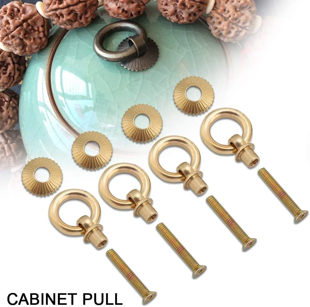 حلقه کشو Tnfeeon، 4 عدد، حلقه های کشویی کابینت کوچک و قدیمی، نصب آسان، دستگیره مسی مقاوم به همراه پیچ ​​برای جعبه لوازم آرایشی و جعبه جواهرات (مدل پیچ برنجی حلقه 2 سانتی متری)