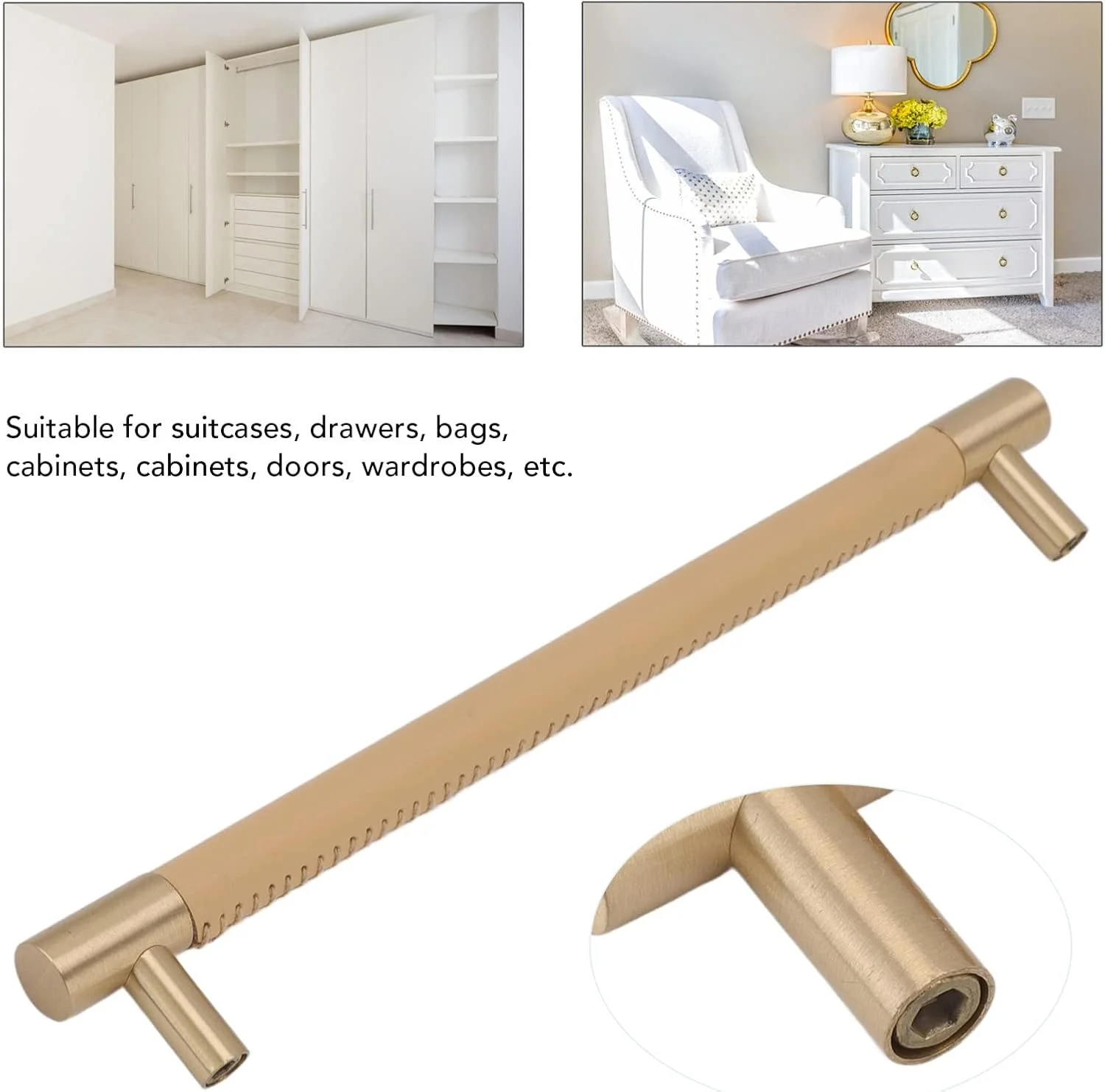 دستگیره کشو سوراندی، نوردیک، برنجی و چرمی، فاصله سوراخ 224 میلی متر، دستگیره درب کمد لوکس سبک با پیچ برای چمدان، کشو، کابینت و کمد لباس