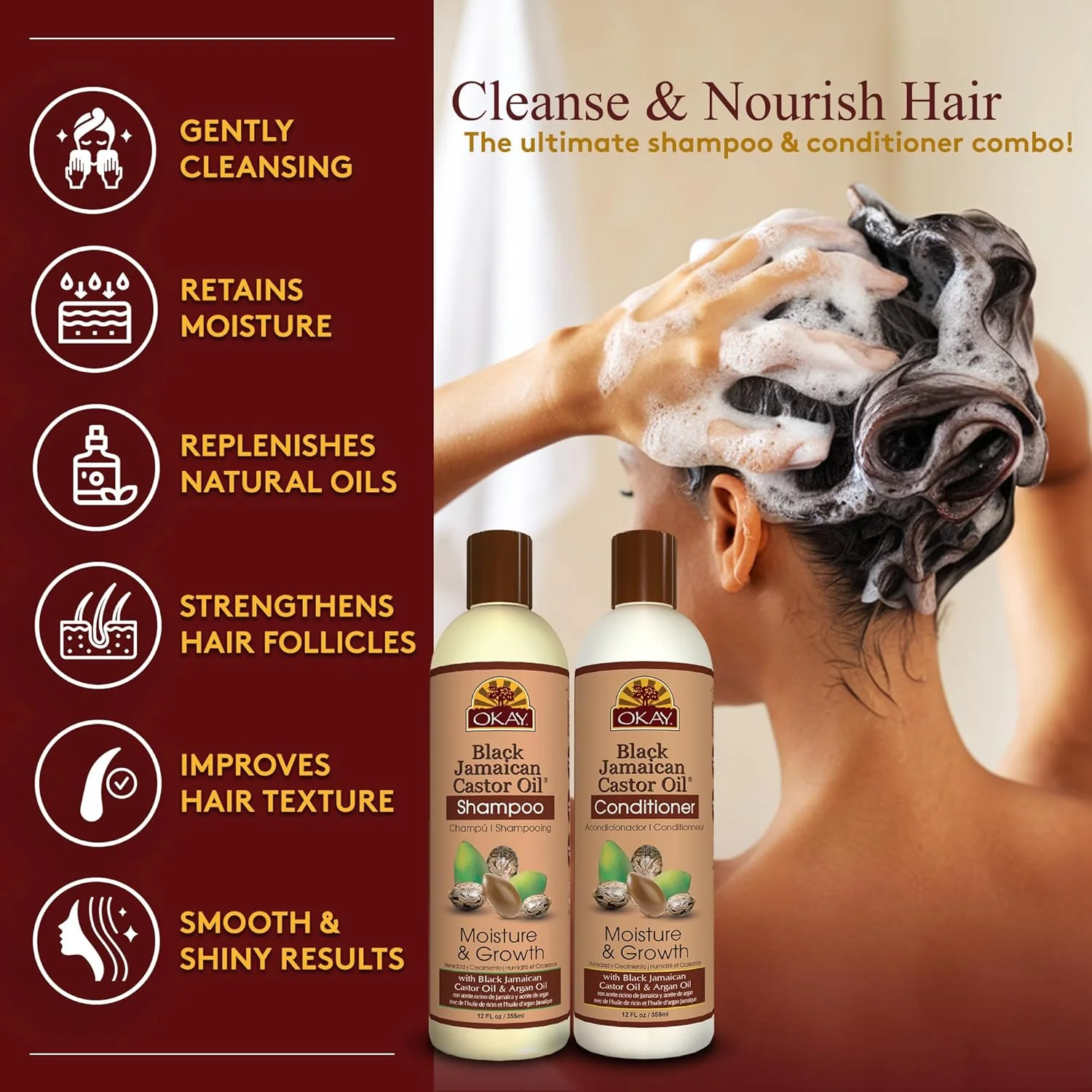 شامپو و نرم کننده روغن کرچک جامائیکایی سیاه اوکی - مجموعه مراقبت از مو، مرطوب کننده و رشد - مجموعه 2 عددی