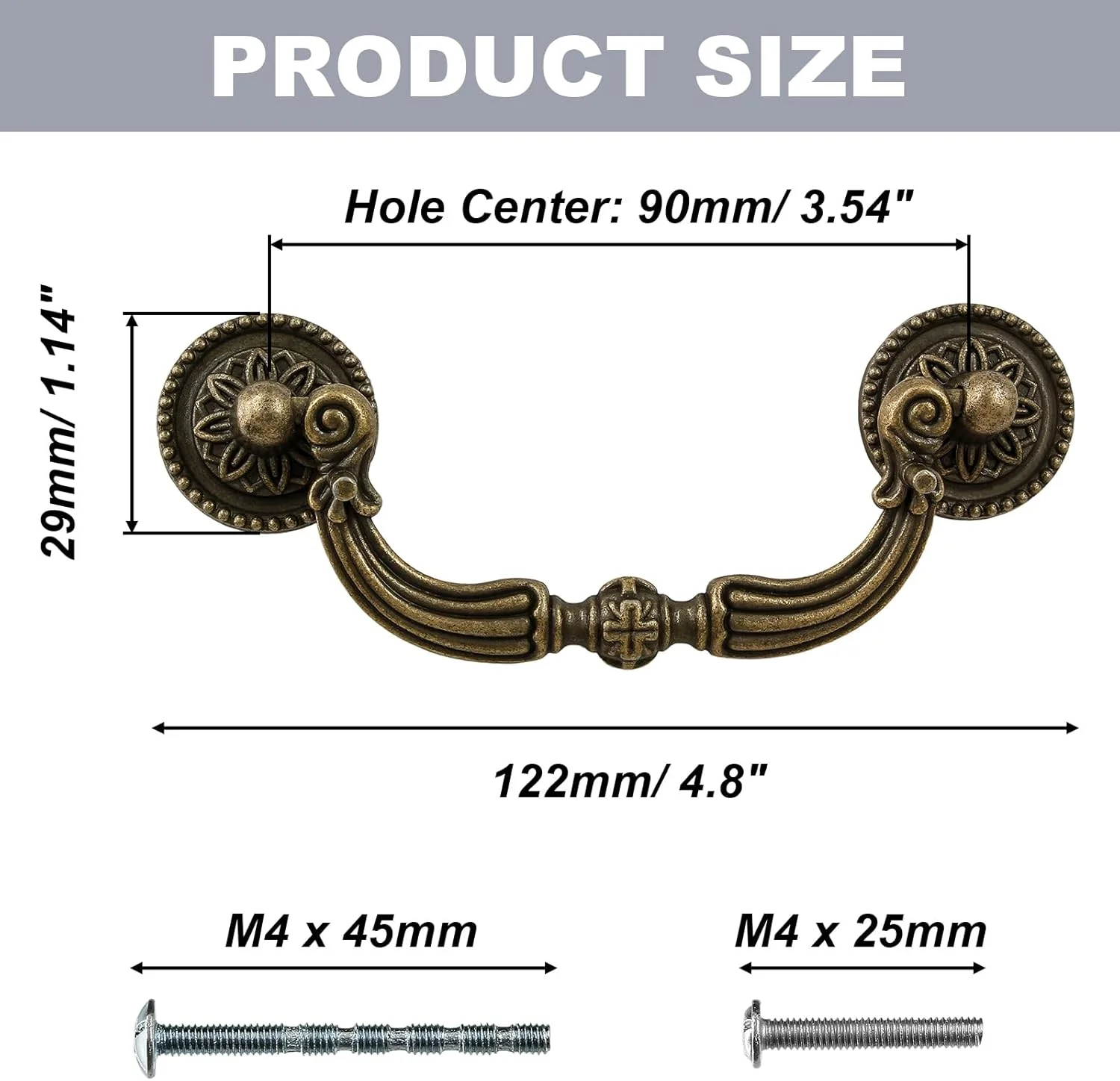 دستگیره های آویز کابینت Kyuionty، بسته 4 عددی، مرکز سوراخ 3.5 اینچی، دستگیره کشویی عتیقه، دستگیره کمد لباس، برنز عتیقه (طول کل: 4.72 اینچ)