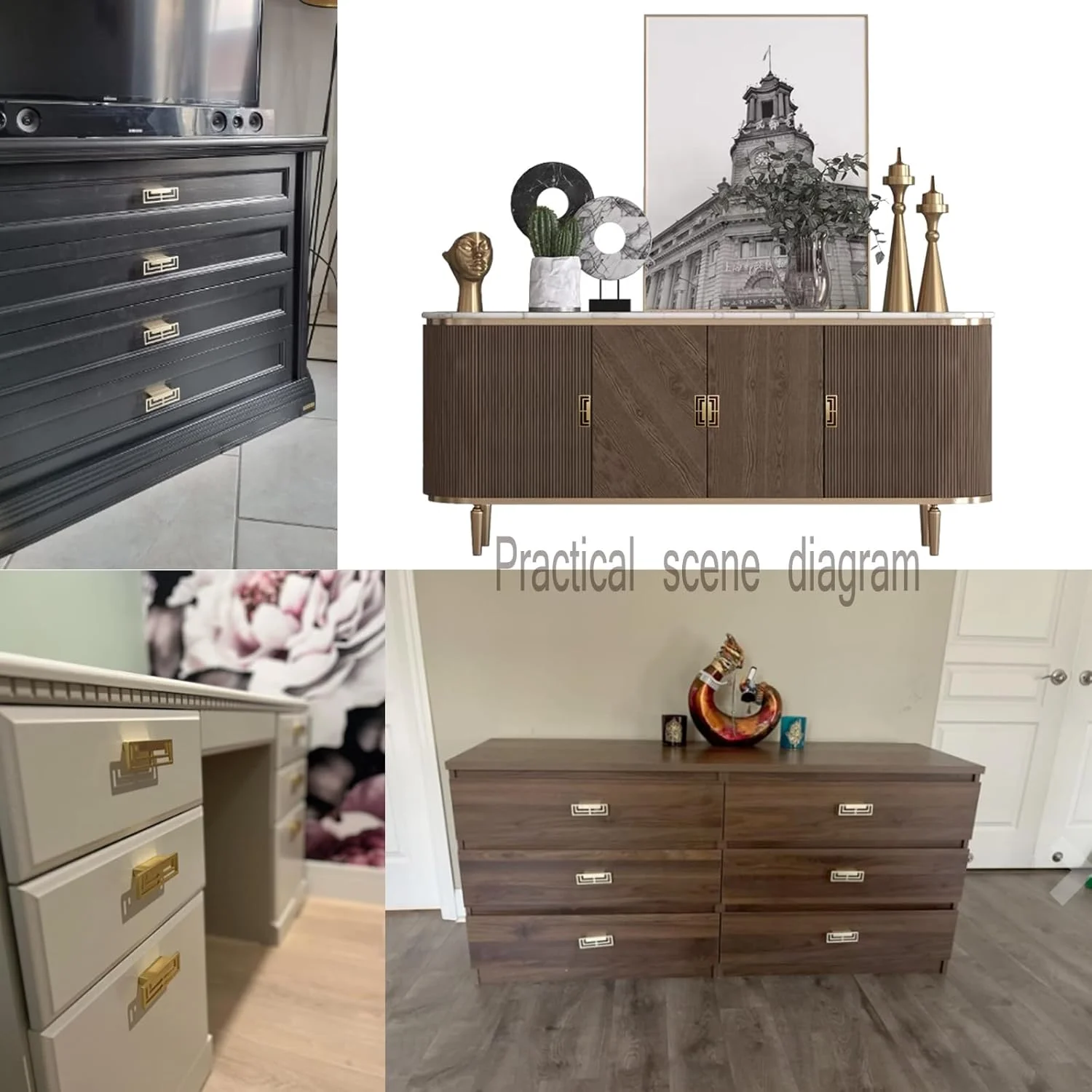 دستگیره های کشو طلایی برس خورده Mou، 6 عددی، مناسب کمد، کابینت تلویزیون، دستگیره های مسی طلایی شیک با طرح های فرخنده چینی مدرن، دستگیره دو سوراخه 32 میلی متری