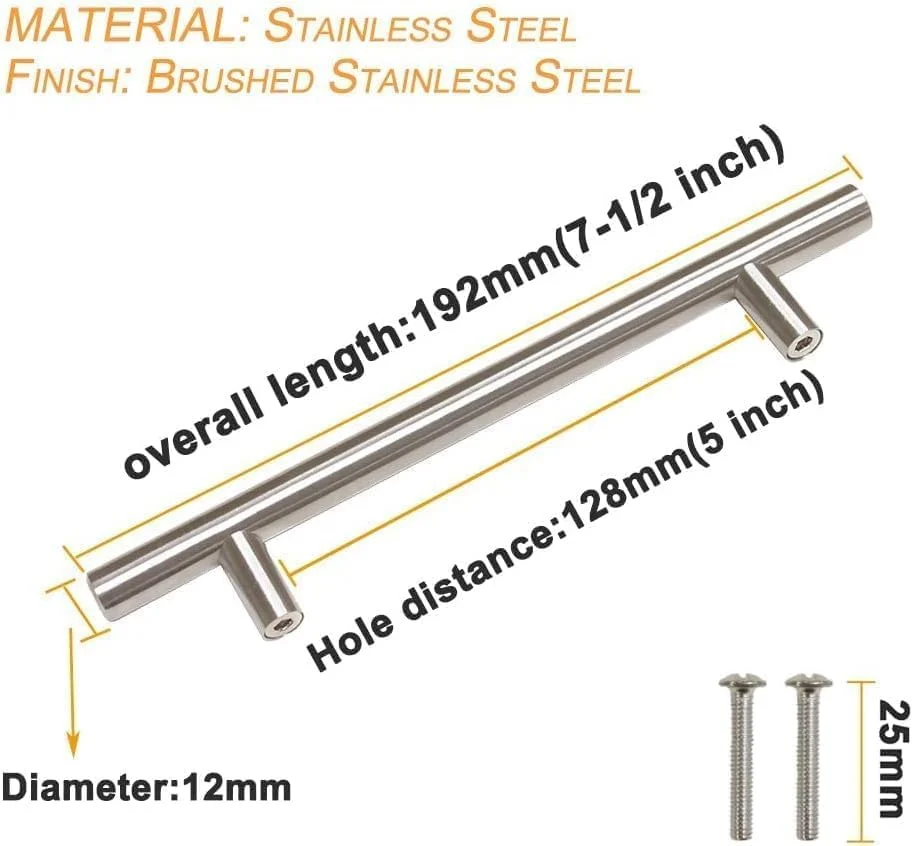 دستگیره کابینت آشپزخانه فرست پرو بسته 15 عددی، دستگیره درب آشپزخانه استیل ضد زنگ 192 میلی متر، دستگیره های کمد کشو T میله ای با مرکز سوراخ 128 میلی متر همراه با پیچ، دستگیره کشو آشپزخانه برای کمد لباس اتاق خواب حمام