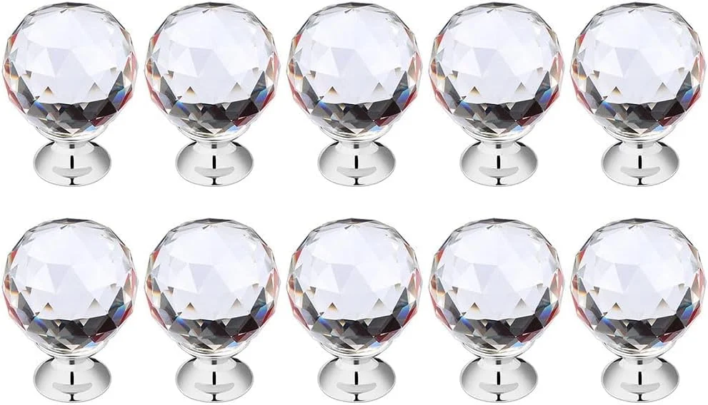 دستگیره کریستالی کشو JZS، بسته 10 عددی، دستگیره شیشه ای کابینت کریستالی شفاف با روکش کروم (نقره ای 30x38 میلی متر)