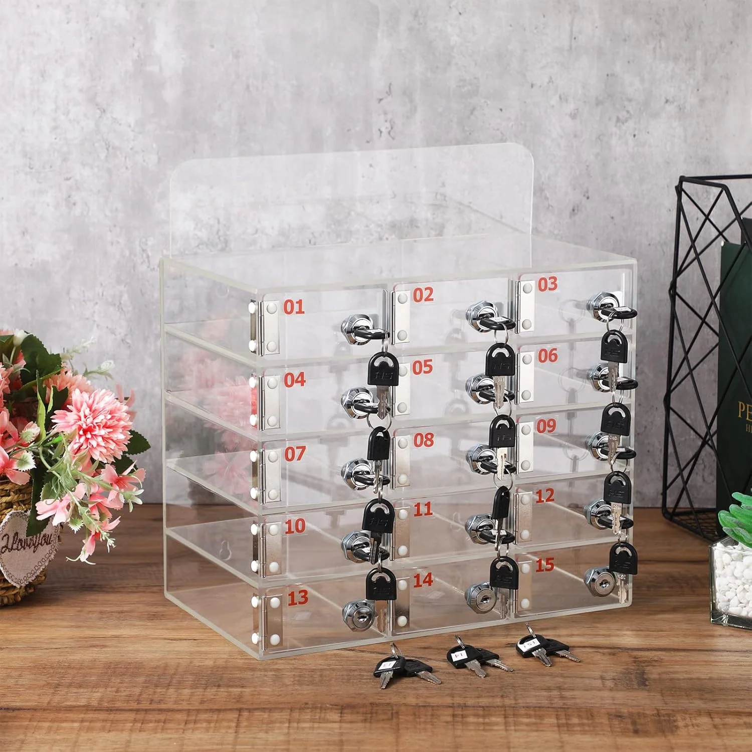 جعبه قفل دار موبایل Threan برای کلاس درس با قفل و کلید، کابینت نگهداری موبایل آکریلیک شفاف قابل نصب روی دیوار برای مدرسه، کارخانه، اداره (15 اسلات)