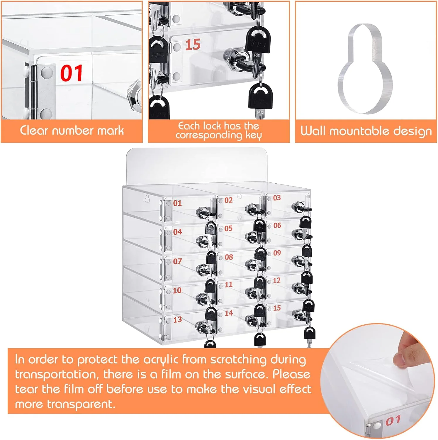 جعبه قفل دار موبایل Threan برای کلاس درس با قفل و کلید، کابینت نگهداری موبایل آکریلیک شفاف قابل نصب روی دیوار برای مدرسه، کارخانه، اداره (15 اسلات)