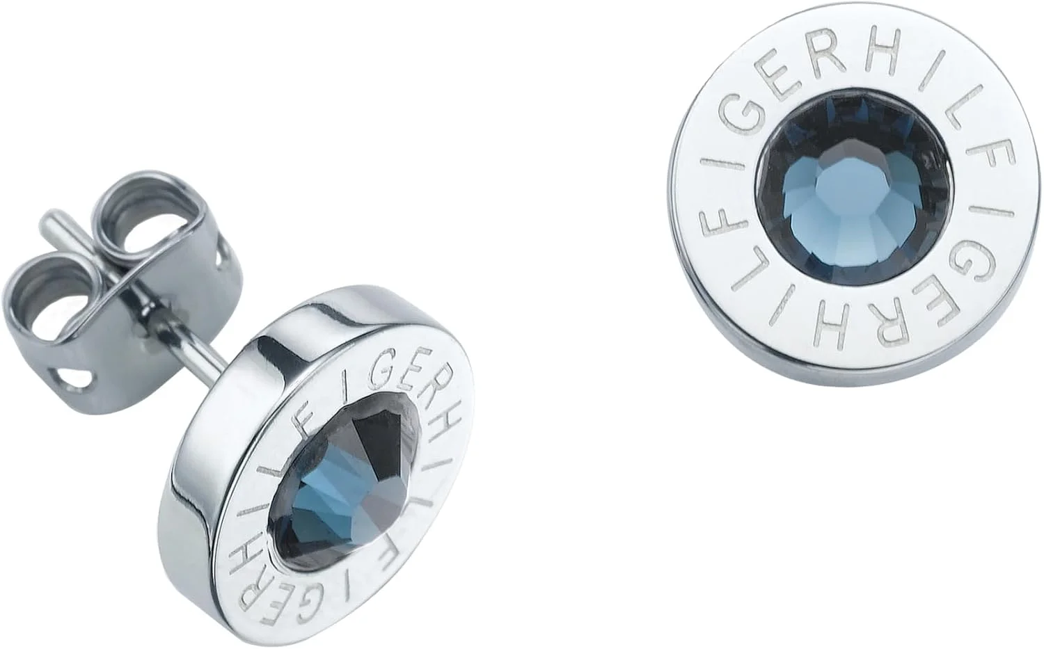 گوشواره های میخی استیل ضد زنگ تامی هیلفیگر با حکاکی "HILFIGER" و کریستال شفاف مرکزی برای زنان