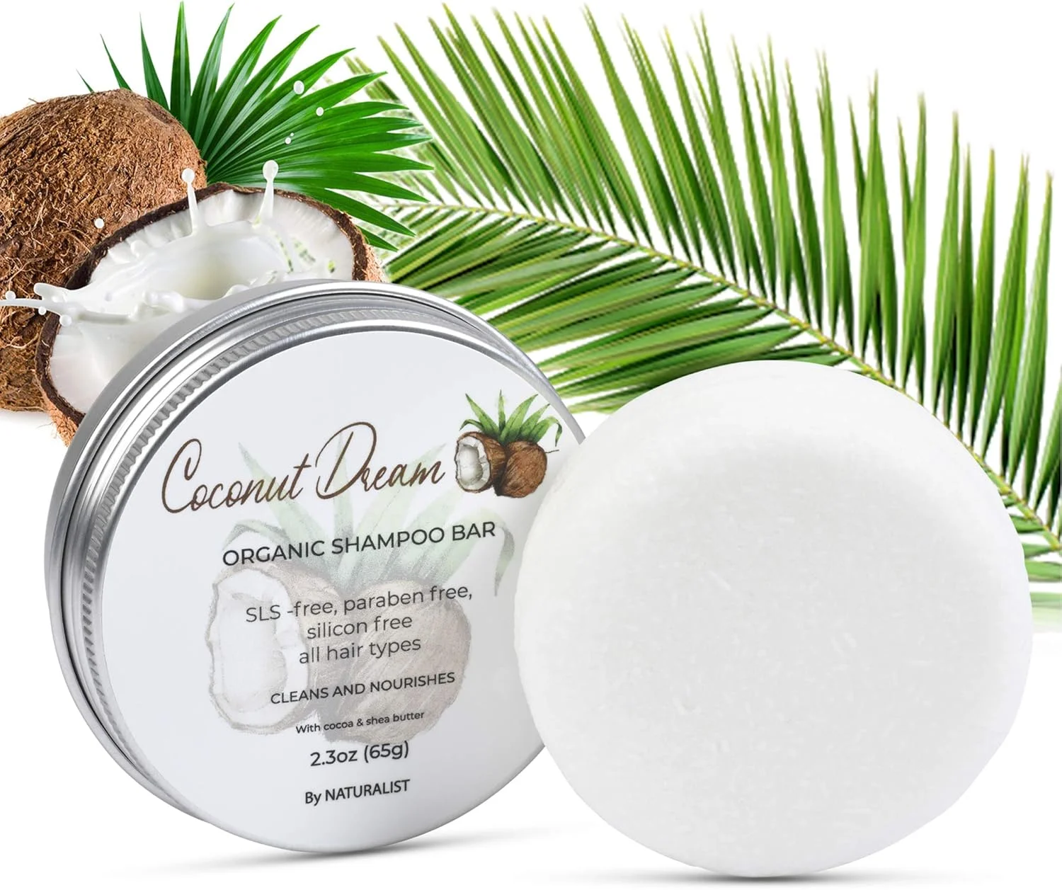 شامپو بار جامد نچرالیست، 100% ارگانیک، گیاهی، بدون SLS، وگان، مناسب انواع مو و مراقبت از بدن | متعادل کننده pH، بدون پلاستیک | سازگار با محیط زیست، مناسب برای مسافرت (نارگیل)