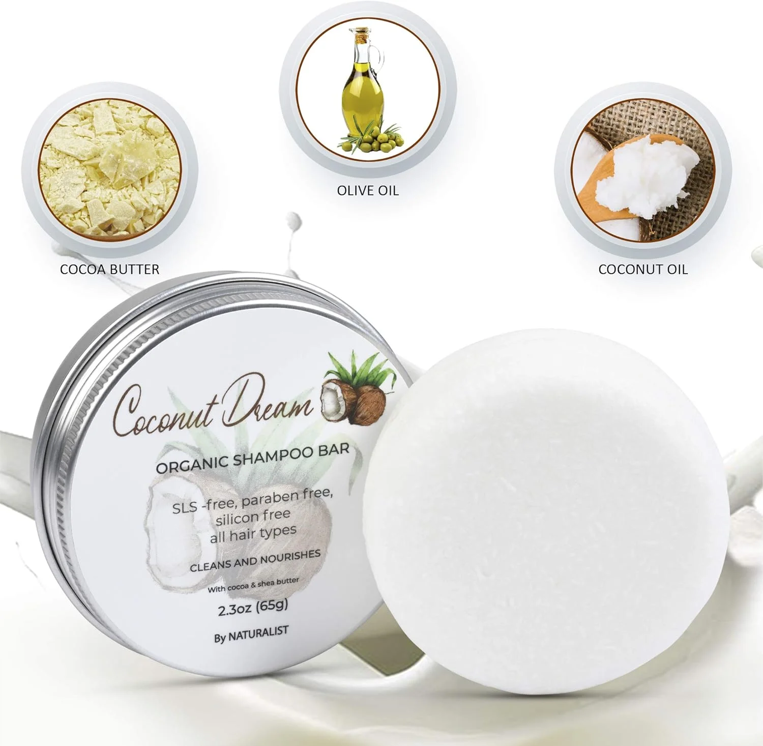 شامپو بار جامد نچرالیست، 100% ارگانیک، گیاهی، بدون SLS، وگان، مناسب انواع مو و مراقبت از بدن | متعادل کننده pH، بدون پلاستیک | سازگار با محیط زیست، مناسب برای مسافرت (نارگیل)