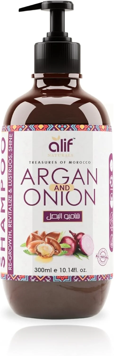 شامپو آرگان و پیاز مراکشی آلیف نچرالز | ساخته شده با مواد ارگانیک | مبارزه با خشکی، وز و شوره سر | تقویت رشد و ترمیم مو | برای خانم ها و آقایان | 300 میلی لیتر