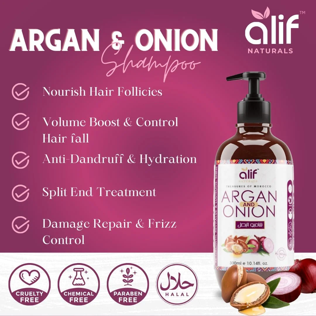 شامپو آرگان و پیاز مراکشی آلیف نچرالز | ساخته شده با مواد ارگانیک | مبارزه با خشکی، وز و شوره سر | تقویت رشد و ترمیم مو | برای خانم ها و آقایان | 300 میلی لیتر