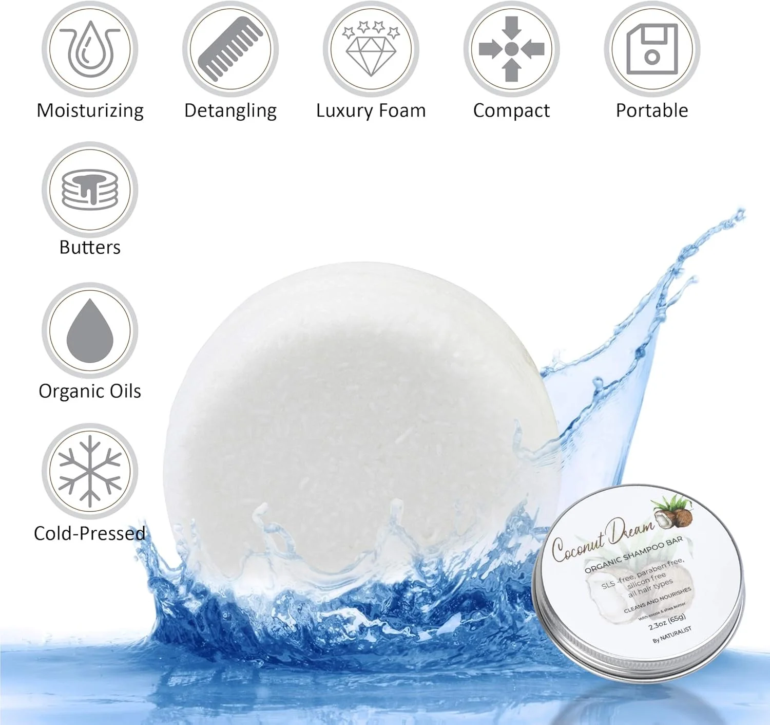 شامپو بار جامد نچرالیست، 100% ارگانیک، گیاهی، بدون SLS، وگان، مناسب انواع مو و مراقبت از بدن | متعادل کننده pH، بدون پلاستیک | سازگار با محیط زیست، مناسب برای مسافرت (نارگیل)