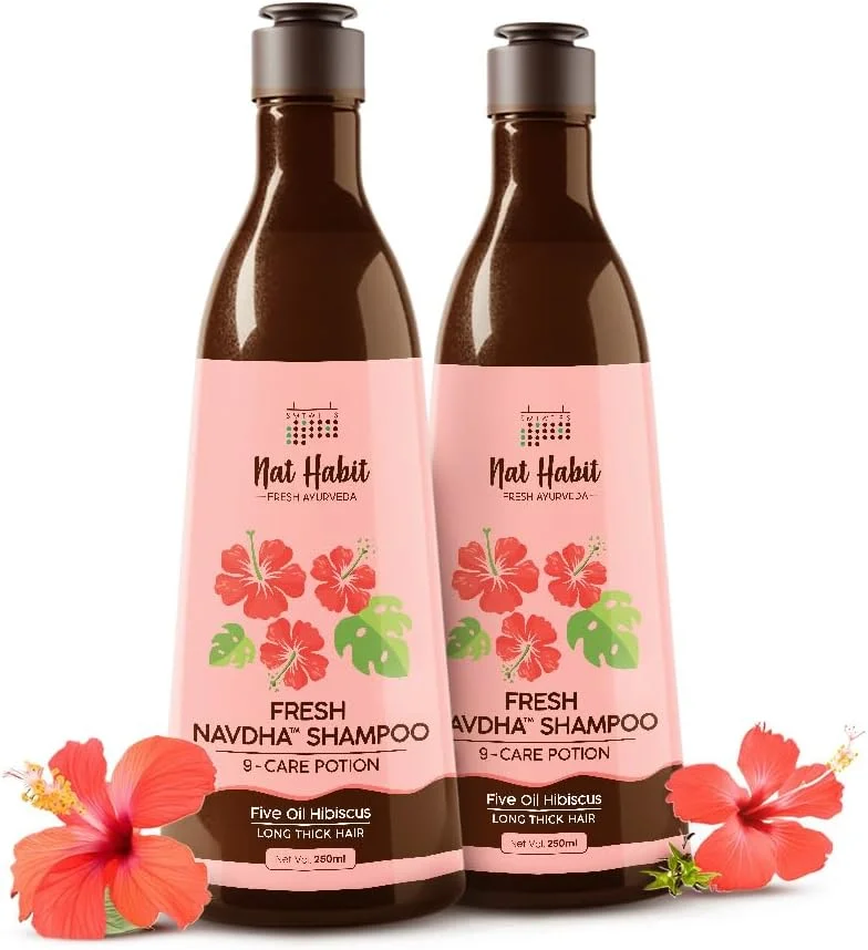 شامپو رشد موی گل ختمی پنج روغن طبیعی بدون سولفات Nat Habit، شامپو Navdha برای زنان و مردان (بسته 2 عددی 250 میلی لیتری)